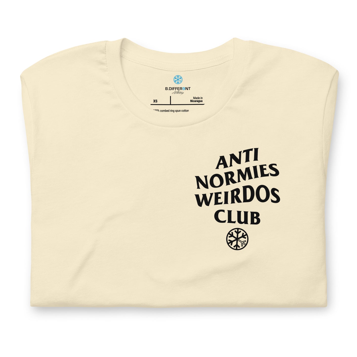 Beige-Anti Normies Weirdos Club Tee from B.Different Clothing, folded, graffiti-inspired streetwear t-shirt