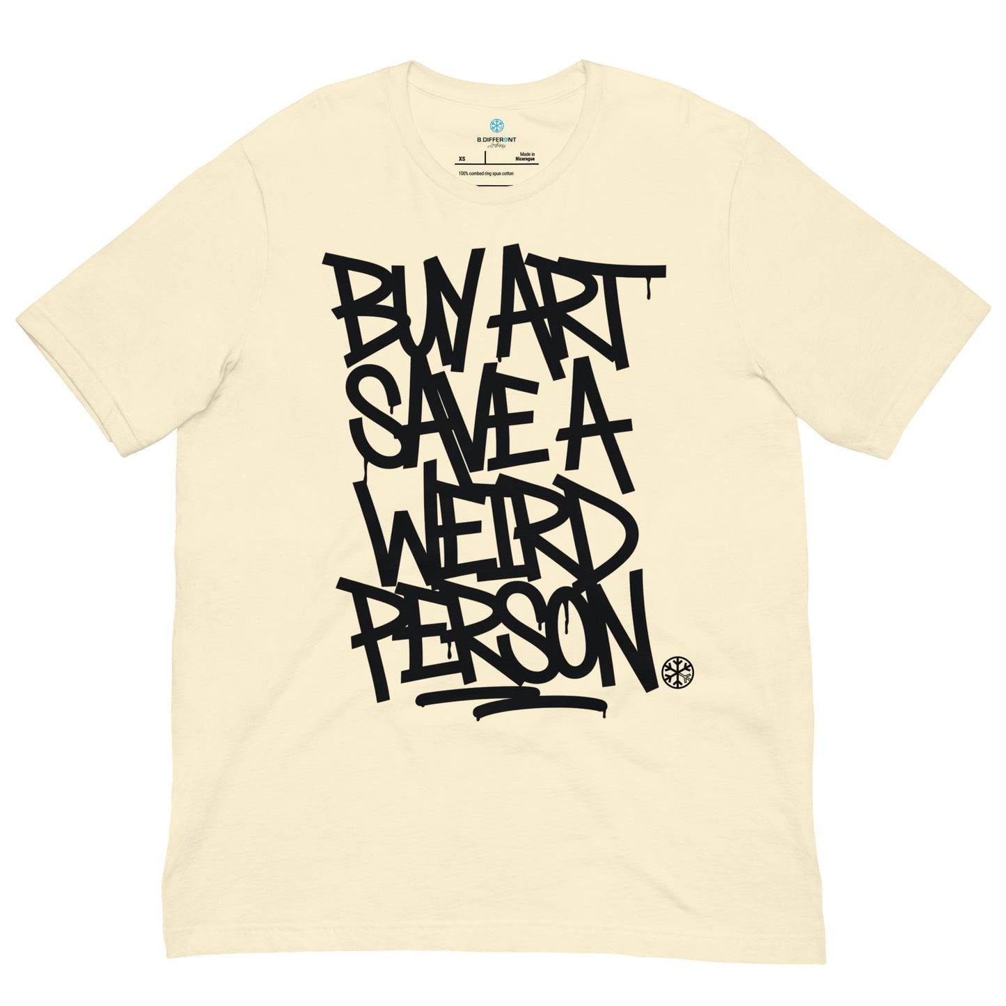 Beige-Buy Art Save a Weird Person Graffiti Tee from B.Different Clothing, front view, graffiti-inspired streetwear t-shirt
