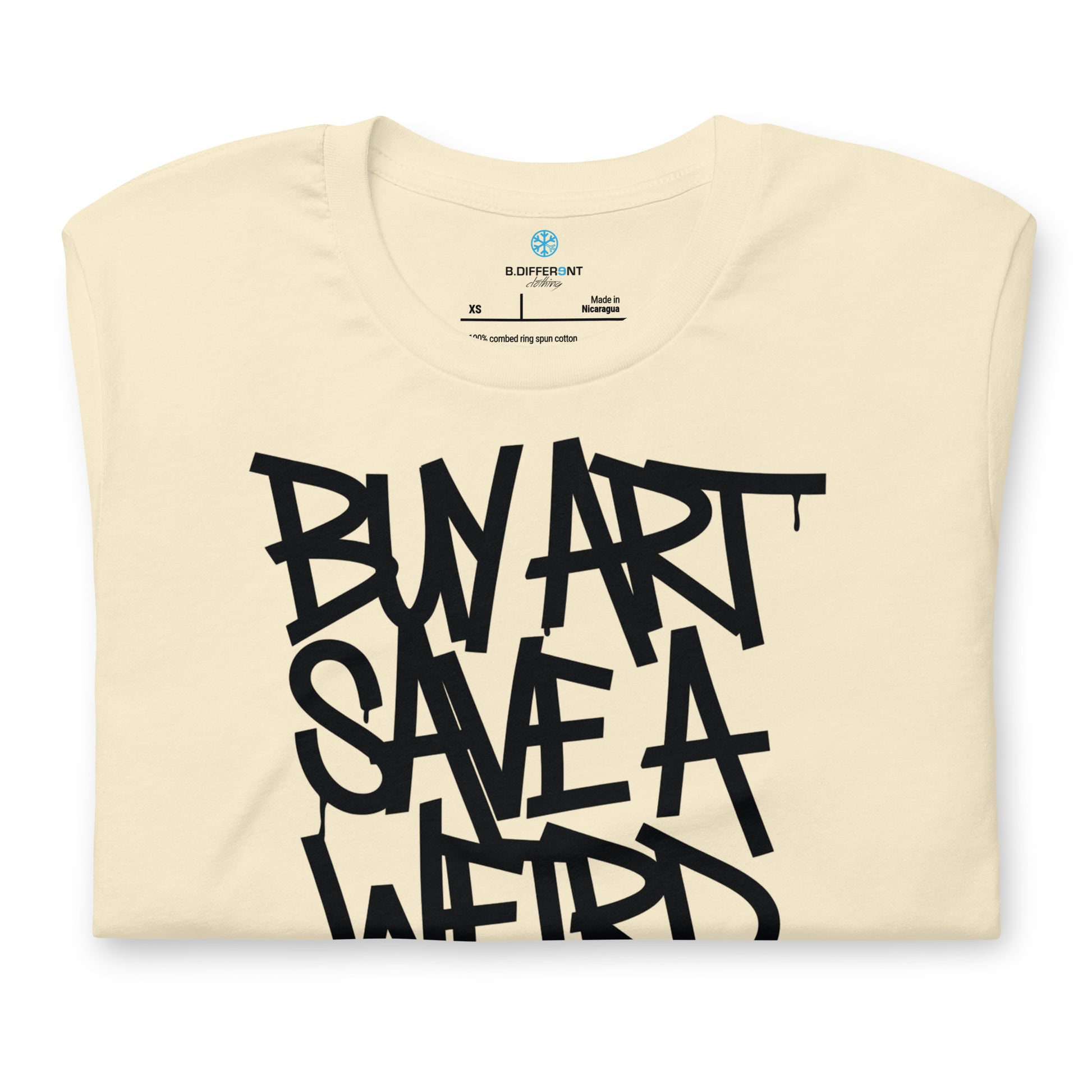 Beige-Buy Art Save a Weird Person Graffiti Tee from B.Different Clothing, folded, graffiti-inspired streetwear t-shirt