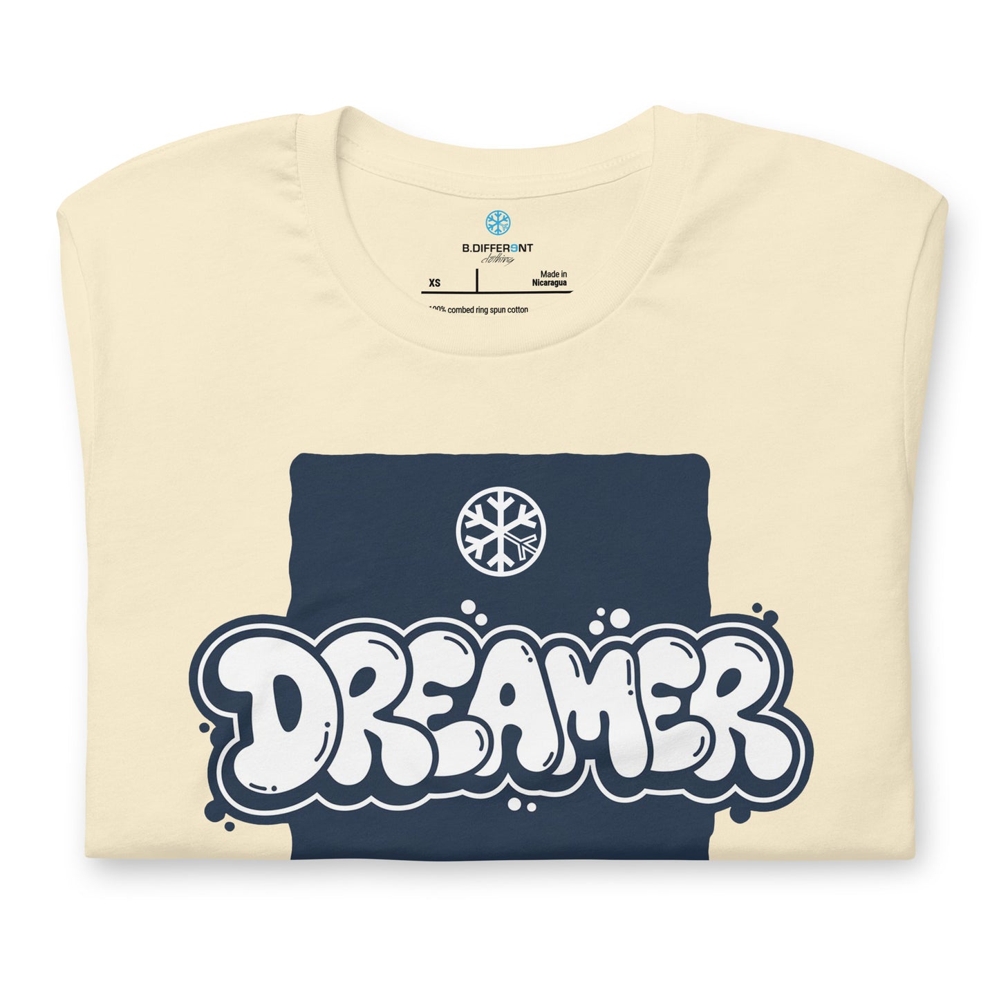Beige-Dreamer Graffiti Throw-up Tee from B.Different Clothing, folded, graffiti-inspired streetwear t-shirt