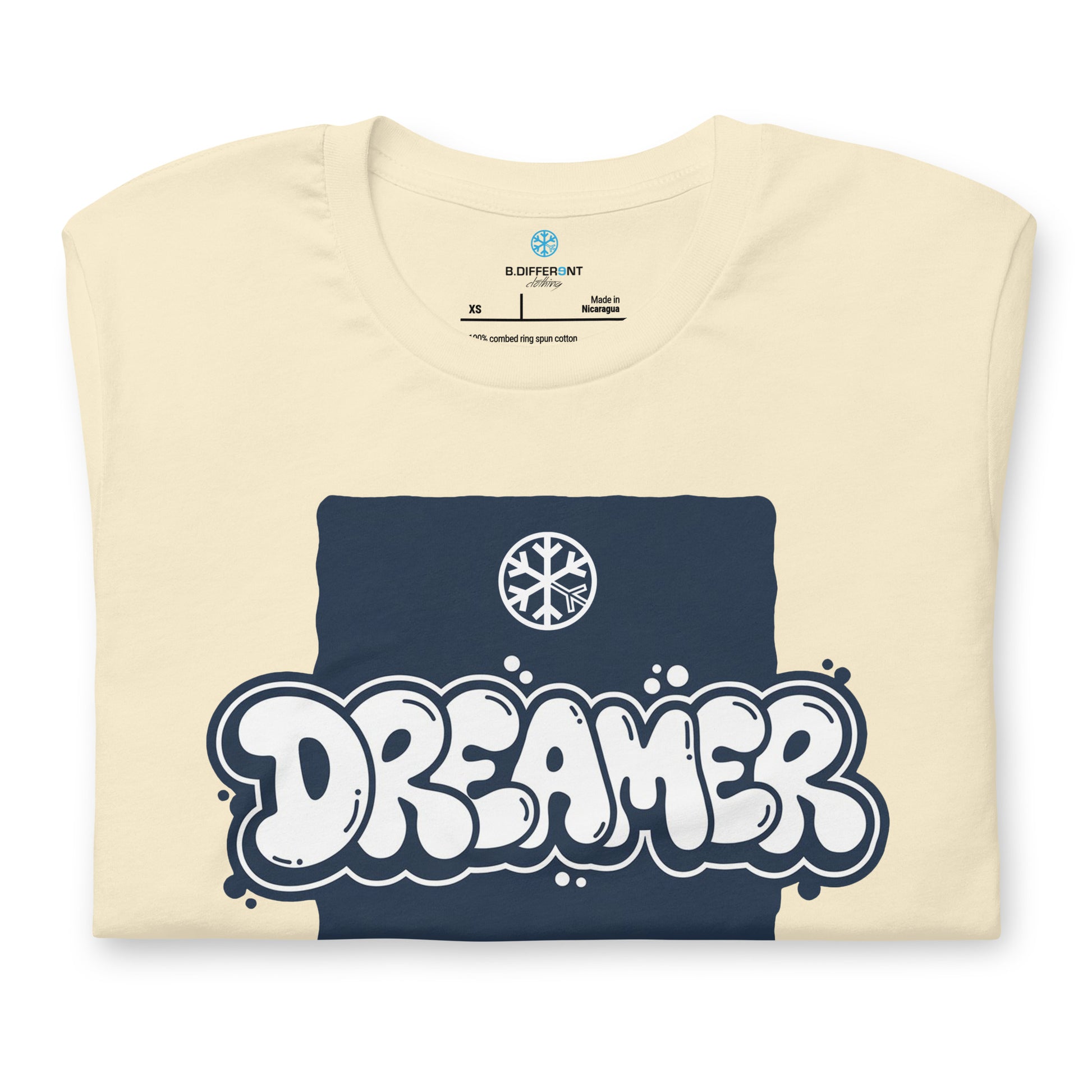Beige-Dreamer Graffiti Throw-up Tee from B.Different Clothing, folded, graffiti-inspired streetwear t-shirt