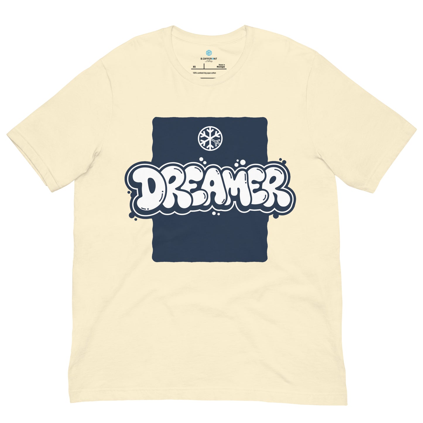 Beige-Dreamer Graffiti Throw-up Tee from B.Different Clothing, front view, graffiti-inspired streetwear t-shirt