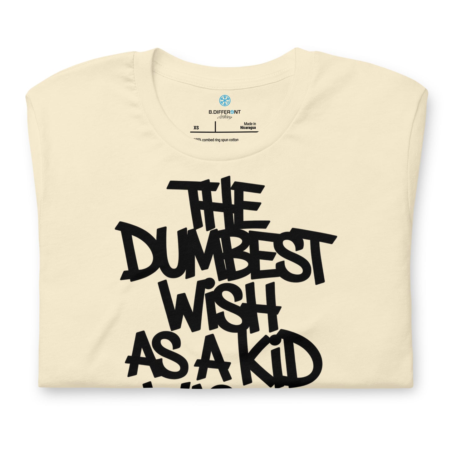 Beige-The Dumbest Wish Graffiti Tag Tee from B.Different Clothing, folded, graffiti-inspired streetwear t-shirt