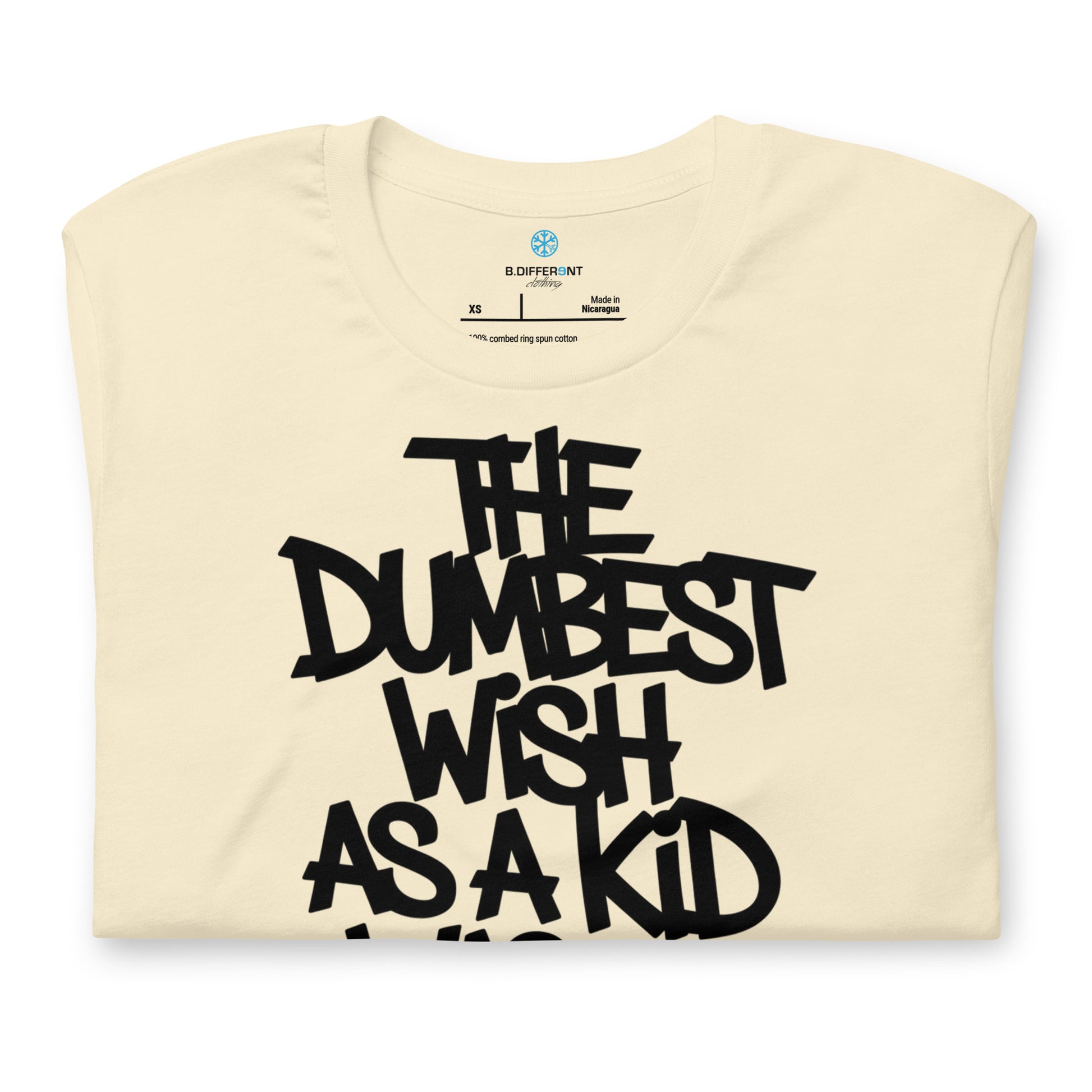 Beige-The Dumbest Wish Graffiti Tag Tee from B.Different Clothing, folded, graffiti-inspired streetwear t-shirt