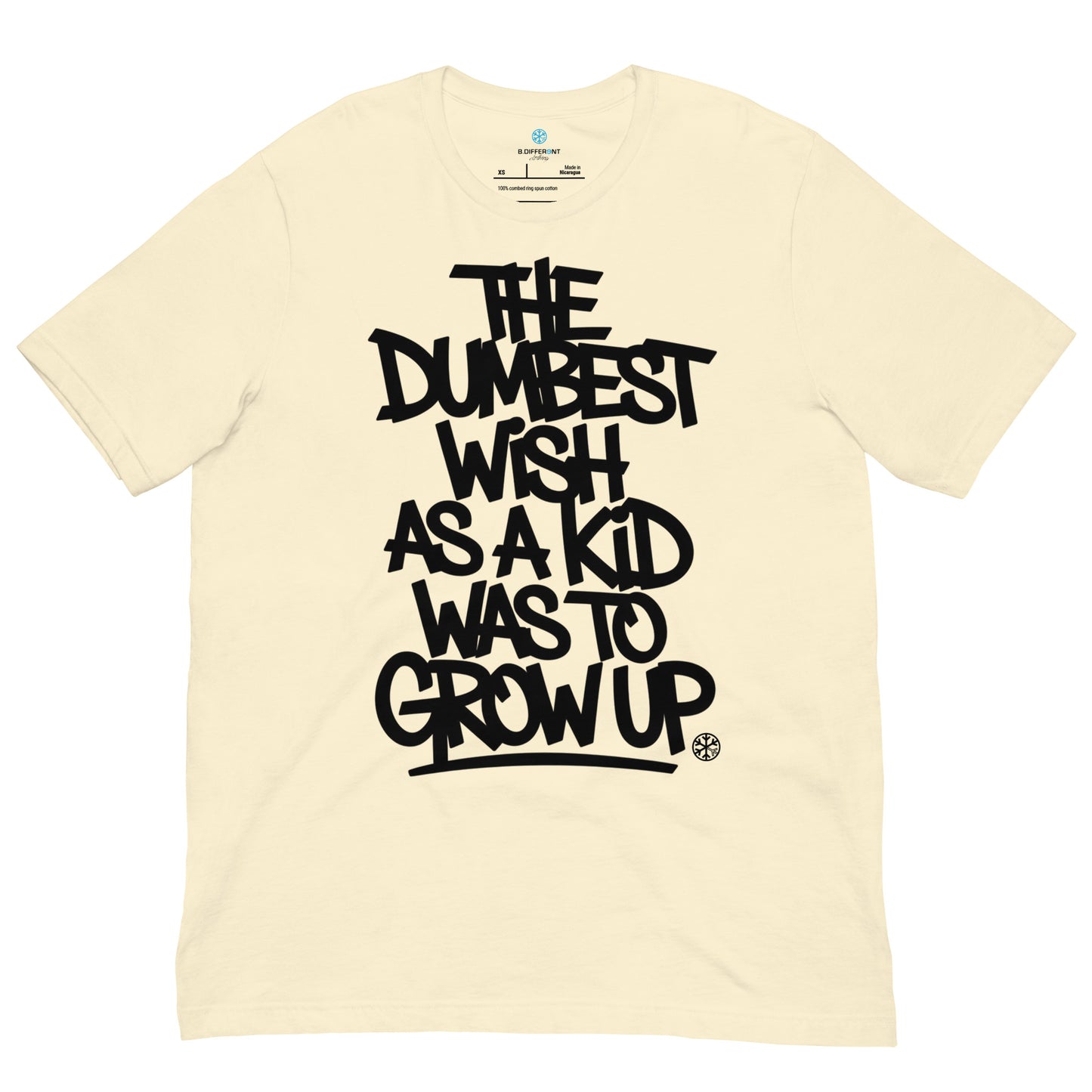 Beige-The Dumbest Wish Graffiti Tag Tee from B.Different Clothing, front view, graffiti-inspired streetwear t-shirt