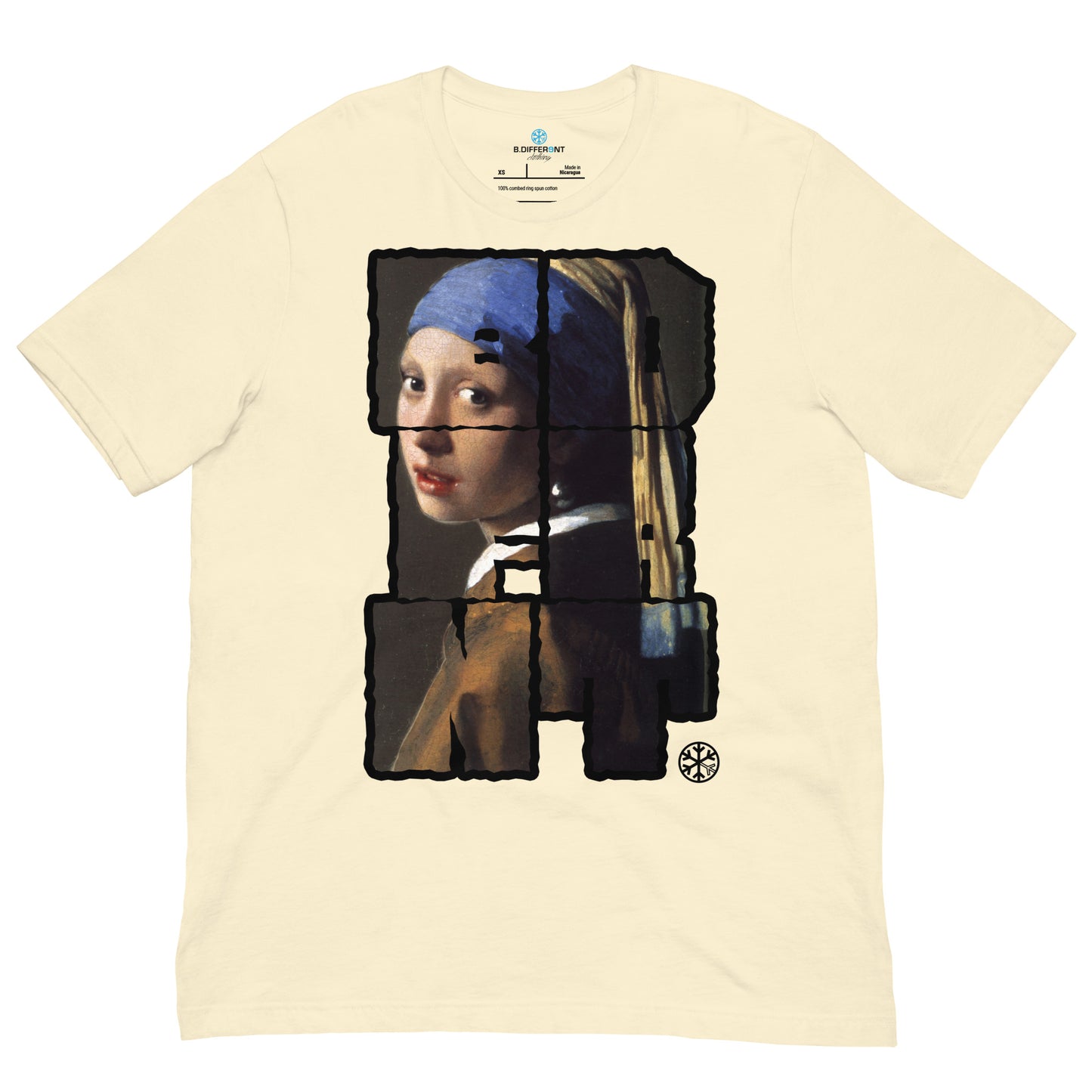 Natural-BDFRNT Blockbuster x Girl With Pearl Earring Tee from B.Different Clothing, front view, graffiti-inspired streetwear
