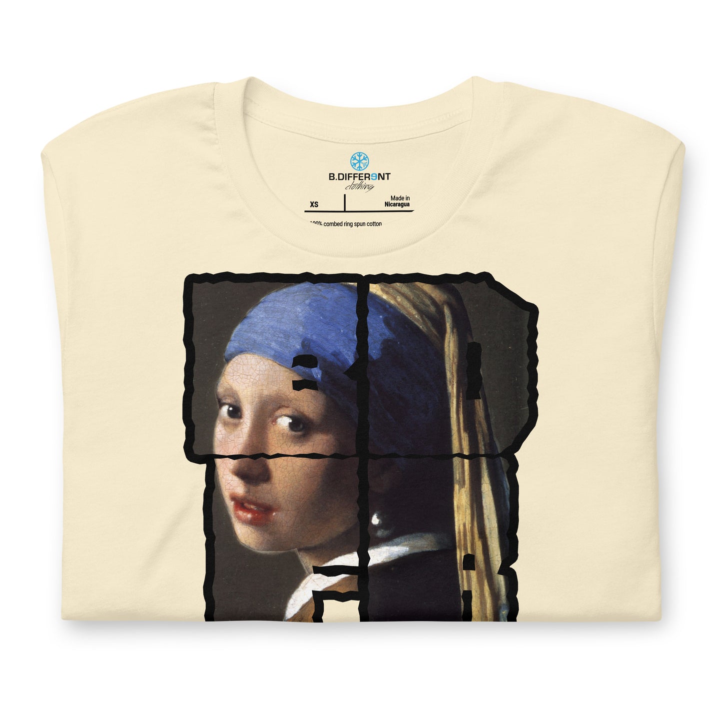 Natural-BDFRNT Blockbuster x Girl With Pearl Earring Tee from B.Different Clothing, front view, graffiti-inspired streetwear