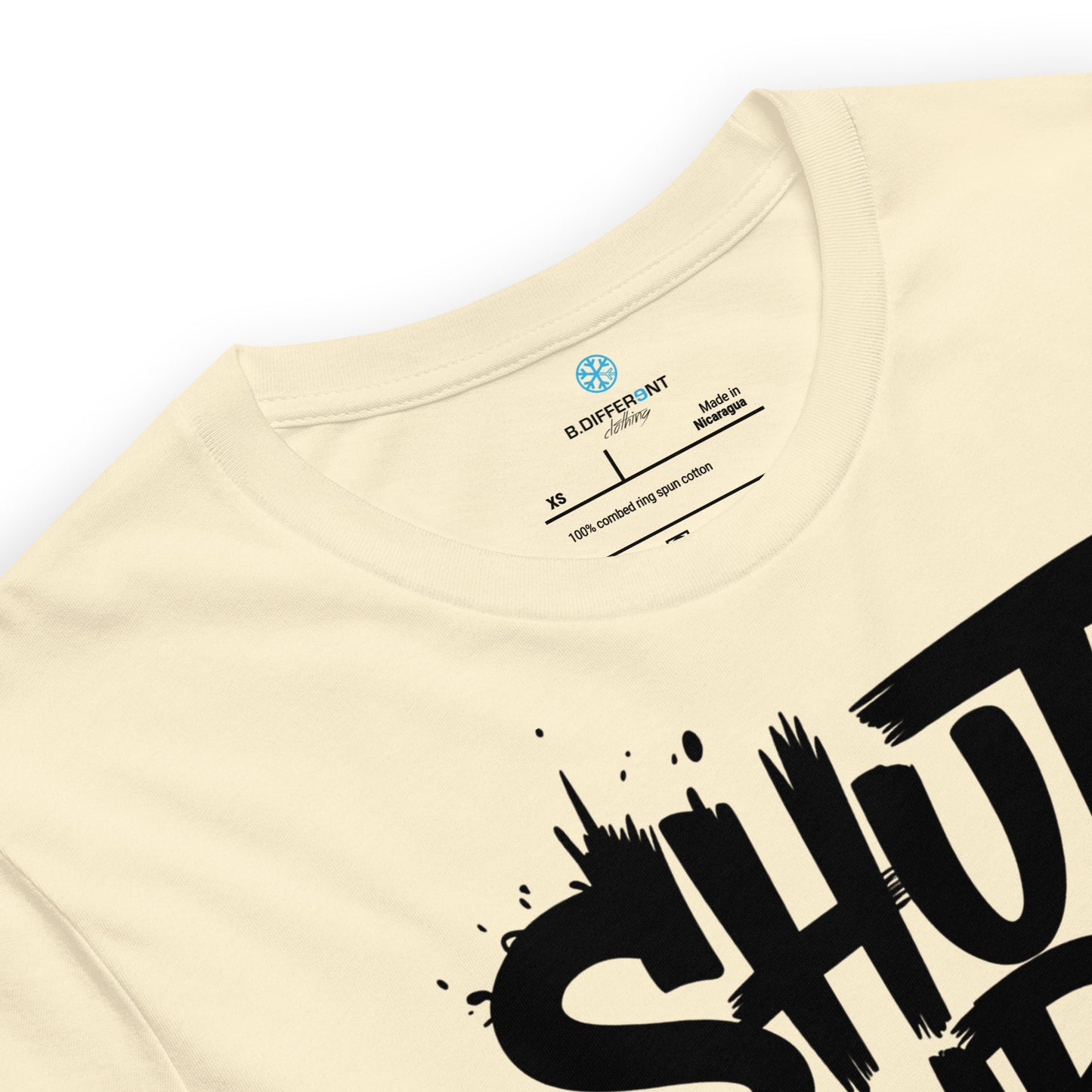 Beige-Shut Up and Paint Graffiti Tee from B.Different Clothing, collar, graffiti-inspired streetwear t-shirt