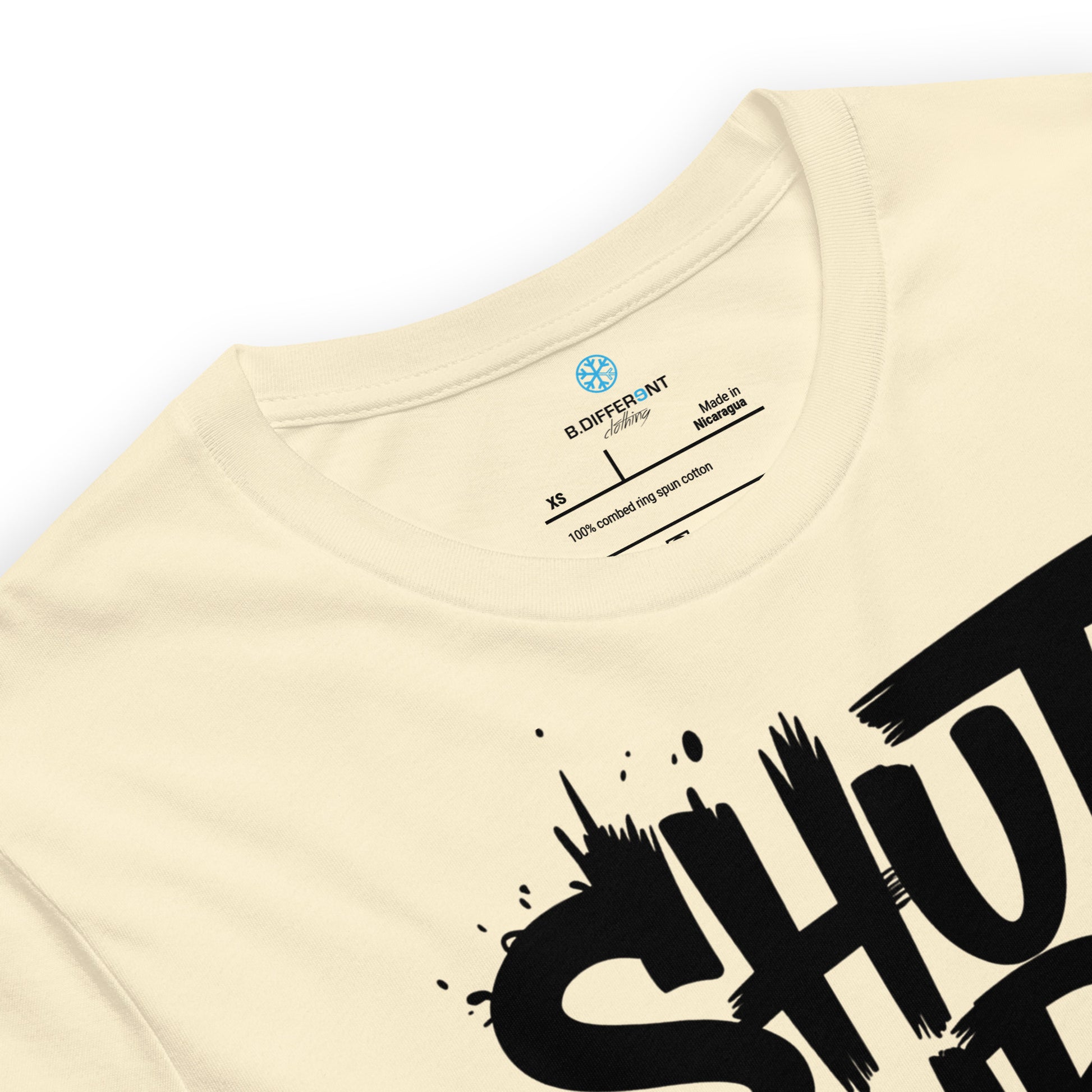 Beige-Shut Up and Paint Graffiti Tee from B.Different Clothing, collar, graffiti-inspired streetwear t-shirt