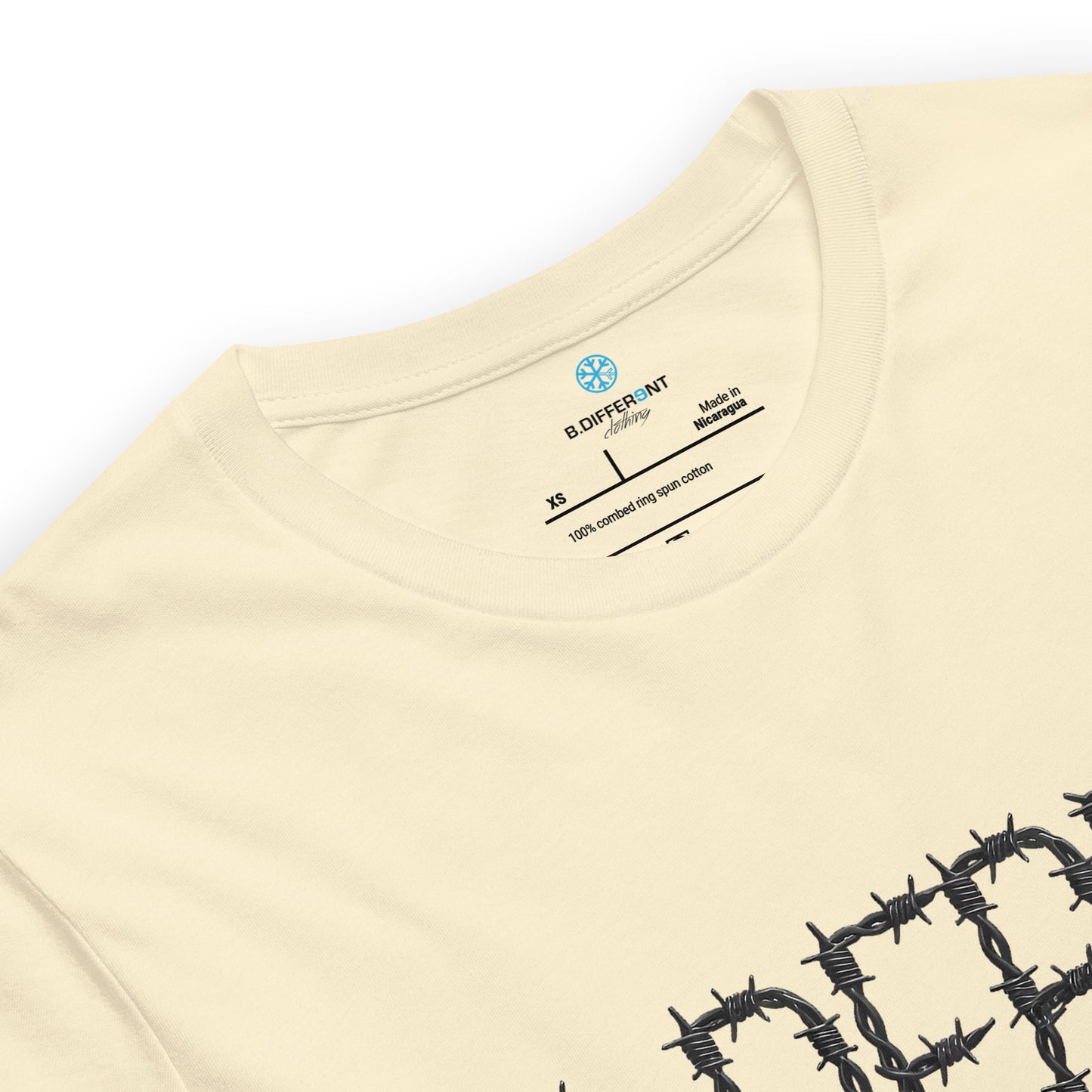 Beige-B.DFRNT Barbed Wire Tee from B.Different Clothing, collar, graffiti-inspired streetwear t-shirt