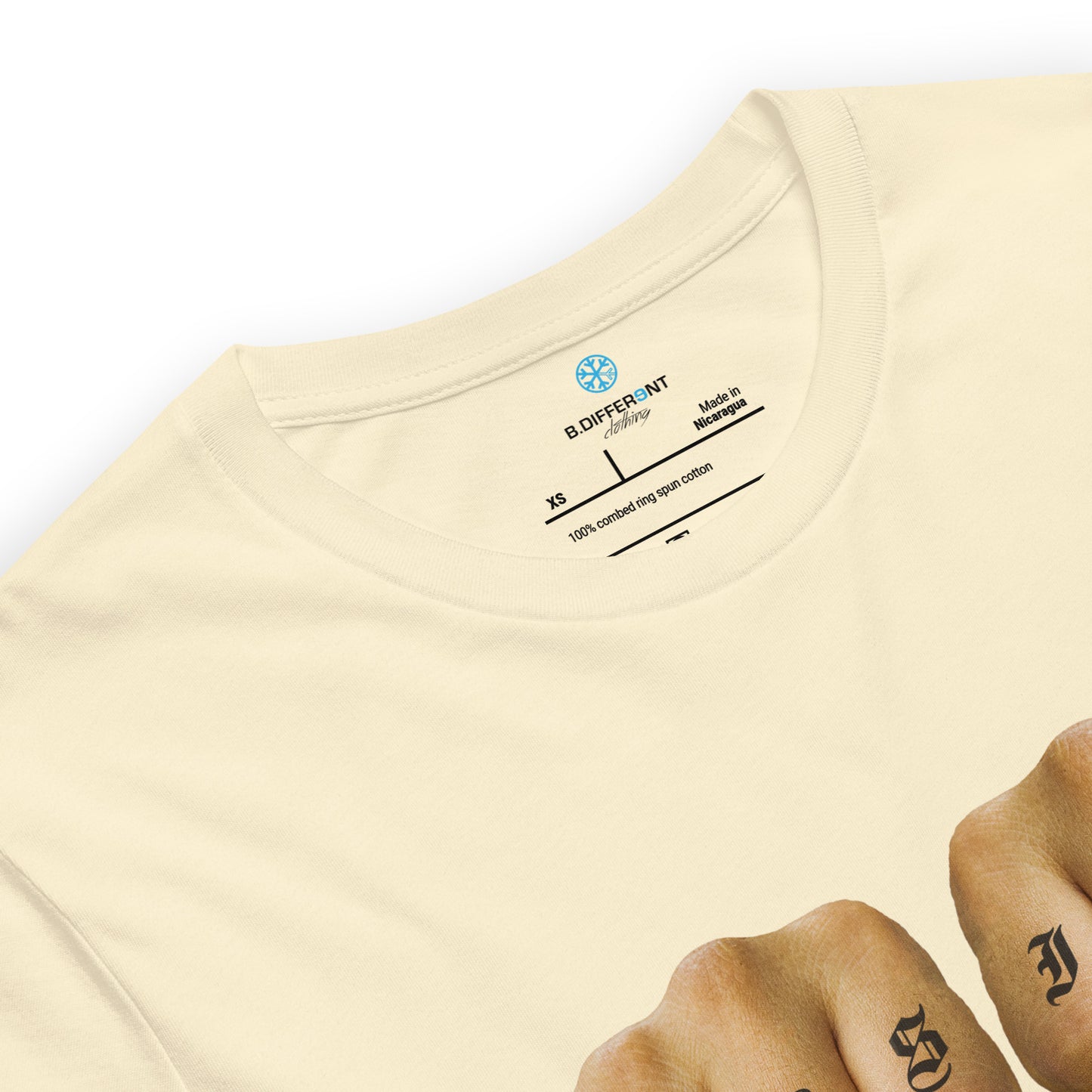 Beige-Outsider Tattoo Tee from B.Different Clothing, collar, graffiti-inspired streetwear t-shirt