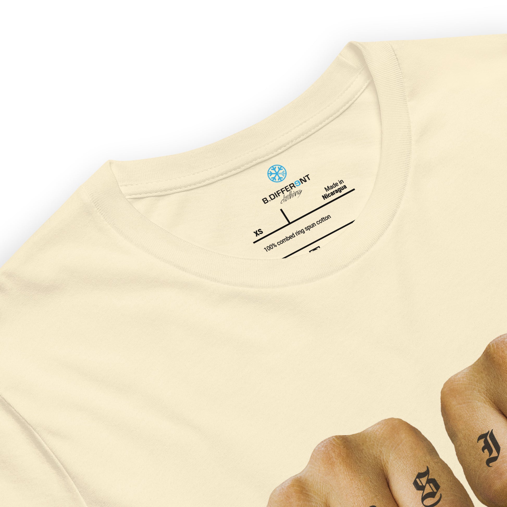 Beige-Outsider Tattoo Tee from B.Different Clothing, collar, graffiti-inspired streetwear t-shirt