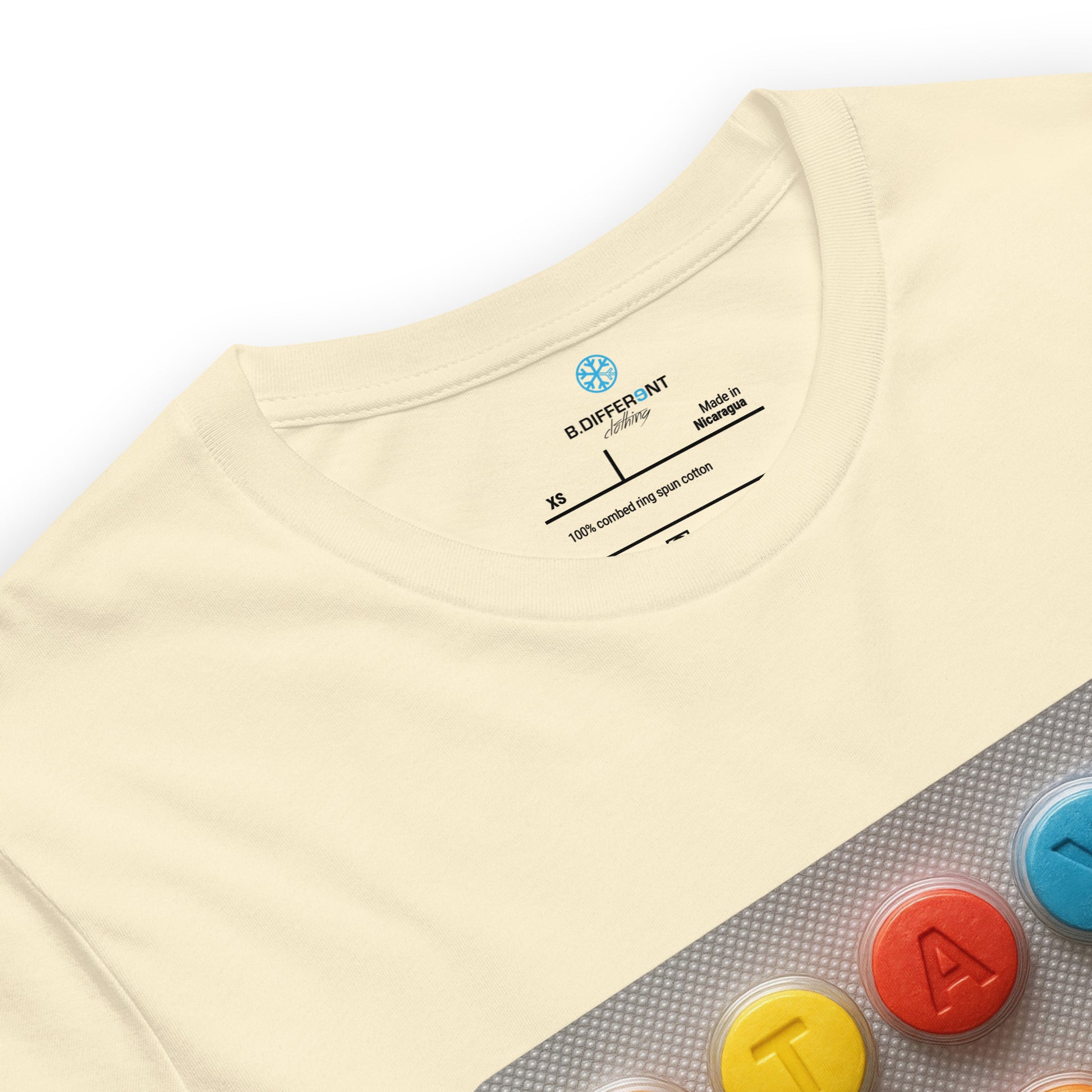 Beige-Stay Weird Pills Tee from B.Different Clothing, collar, graffiti-inspired streetwear t-shirt