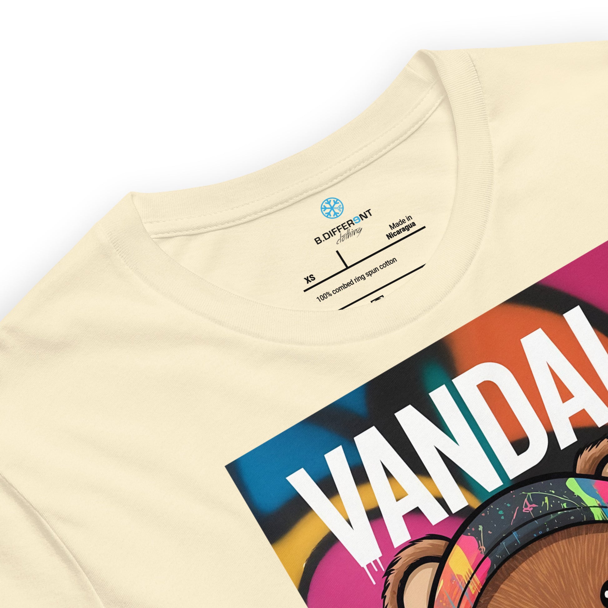 Beige-Vandal Teddy Bear Graffiti Tee from B.Different Clothing, collar, graffiti-inspired streetwear