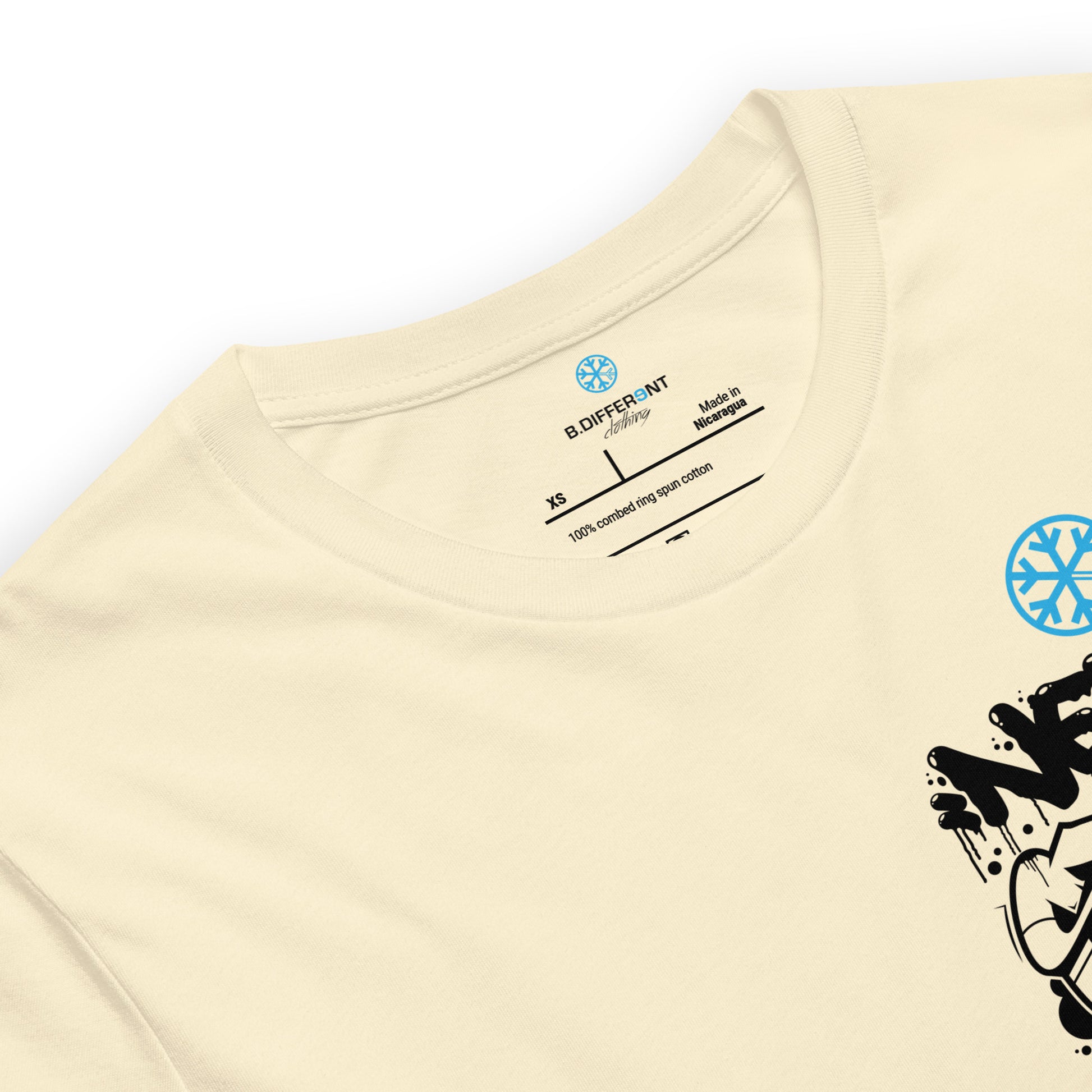 Beige-Never Stop Graffiti Character Tee from B.Different Clothing, collar, graffiti-inspired streetwear t-shirt