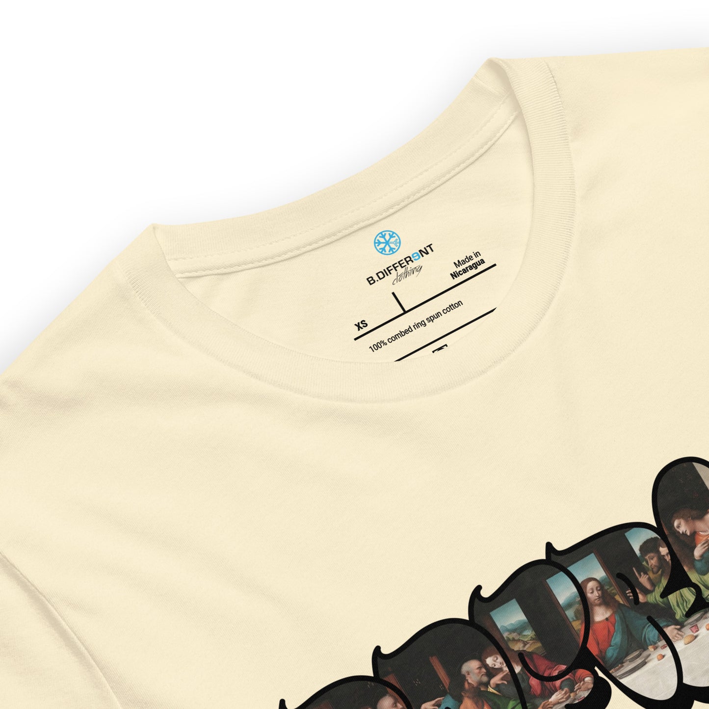 Beige-BDFRNT Throwie x Last Supper Graffiti Tee from B.Different Clothing, collar, graffiti-inspired streetwear t-shirt