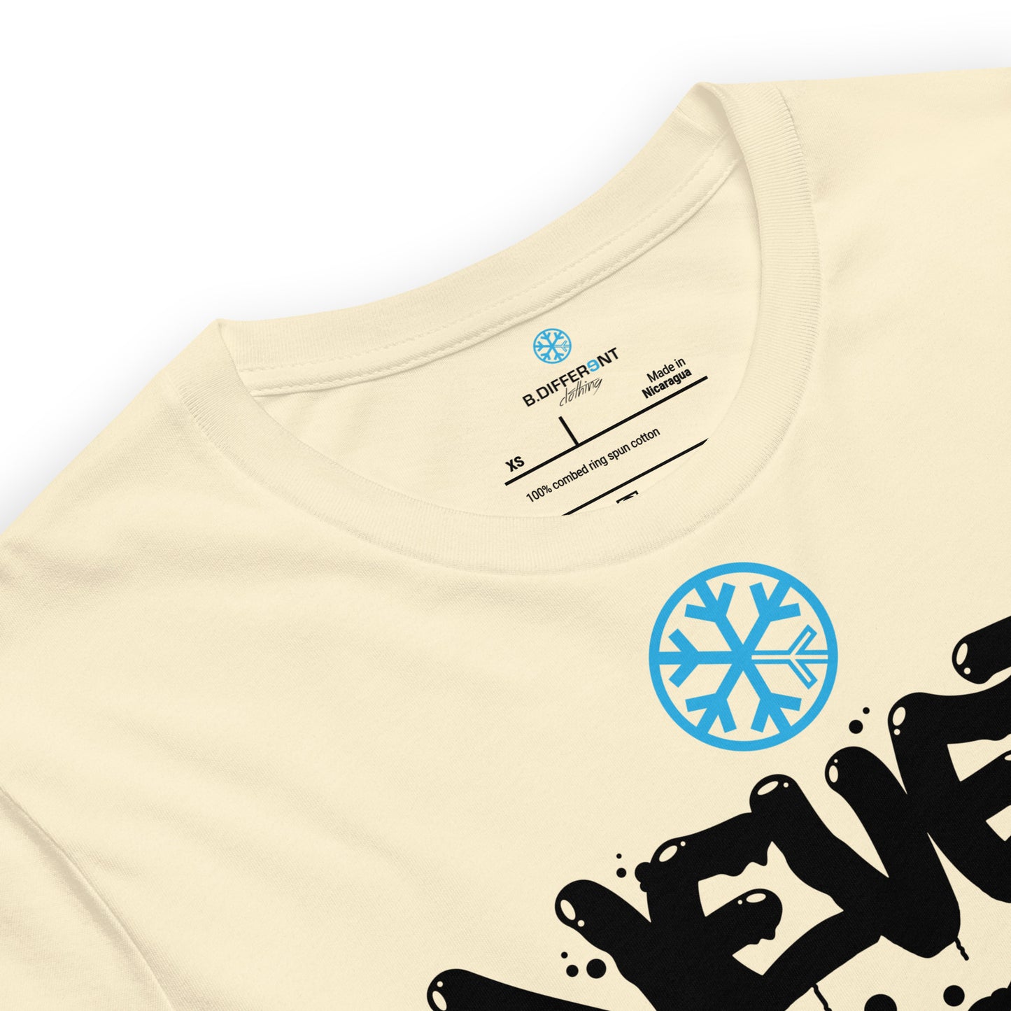Beige-Never Stop Graffiti Piece Tee from B.Different Clothing, collar, graffiti-inspired streetwear t-shirt