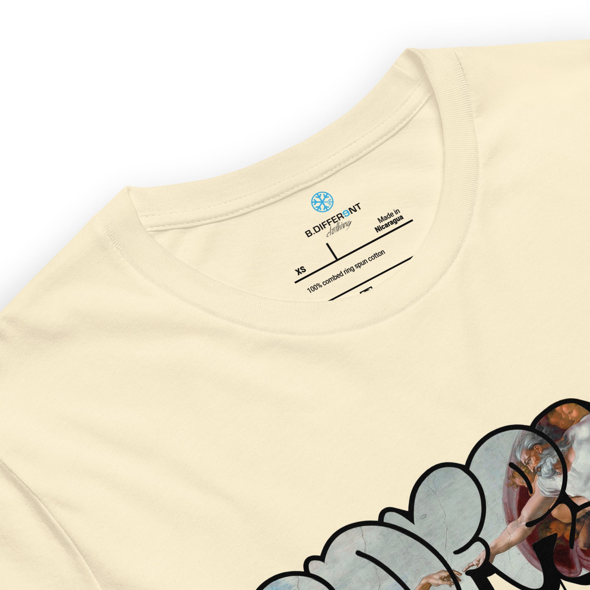 Beige-BDFRNT Throwie x Creation of Adam Graffiti Tee from B.Different Clothing, collar, graffiti-inspired streetwear t-shirt