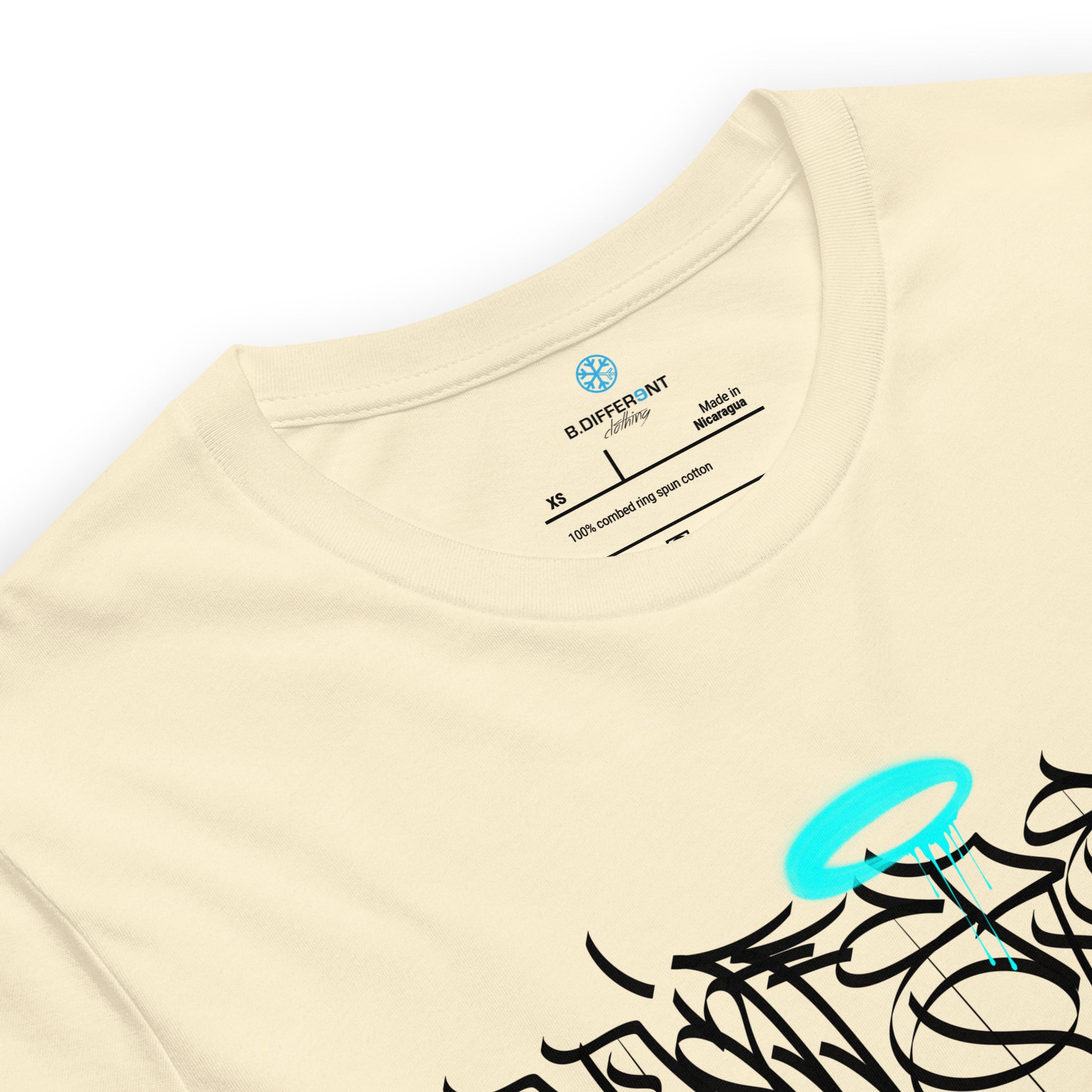Beige-Caos One Collab Graffiti Tee from B.Different Clothing, collar, graffiti-inspired streetwear t-shirt