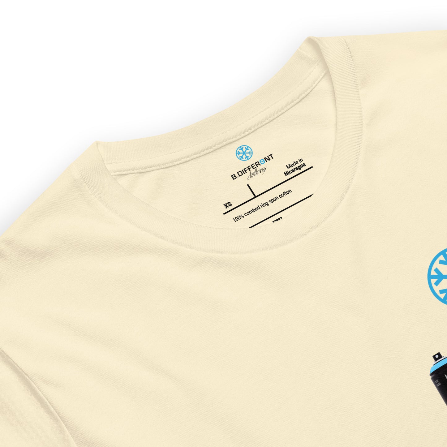 Beige-Graffiti Artist Action Figure Tee from B.Different Clothing, collar, graffiti-inspired streetwear t-shirt
