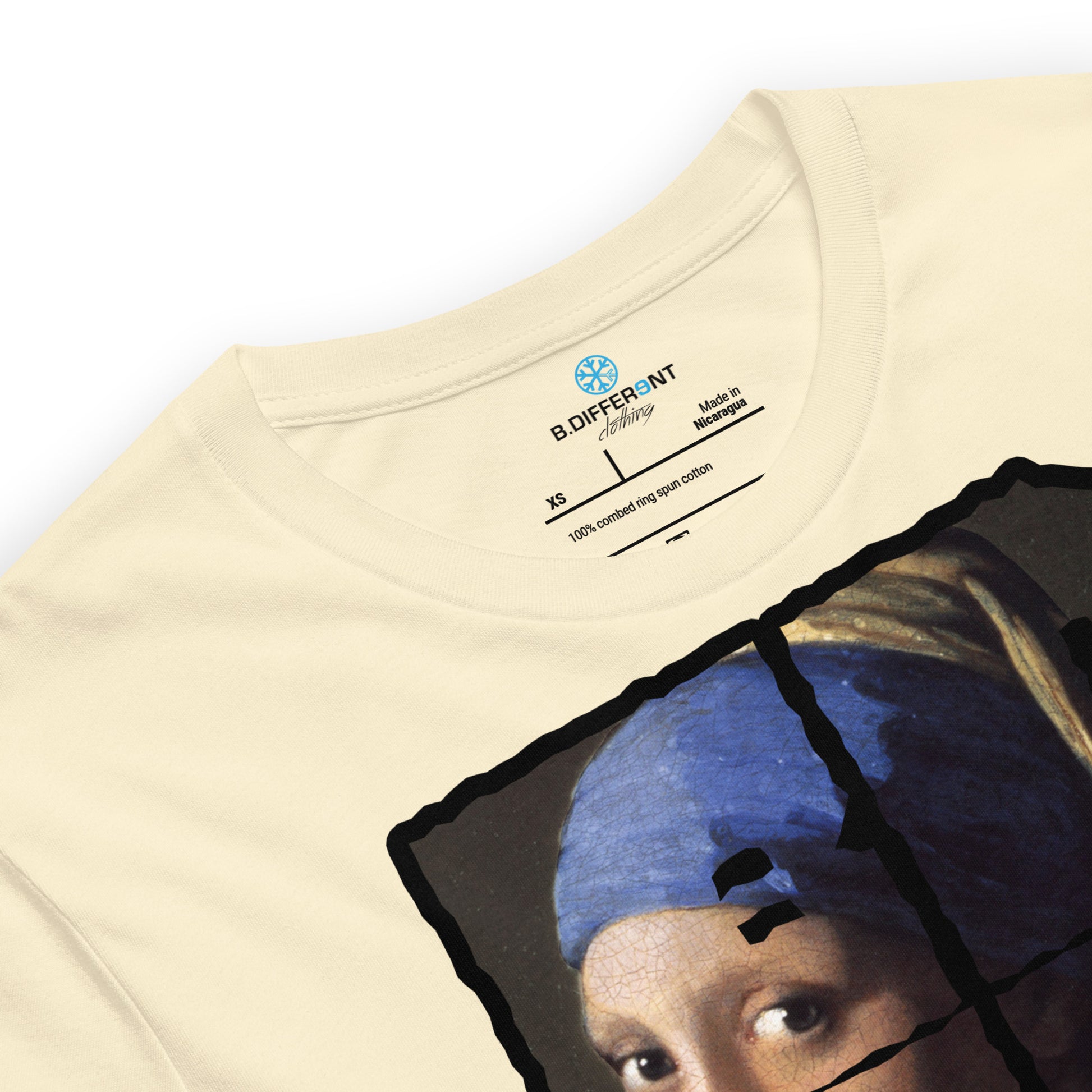 Natural-BDFRNT Blockbuster x Girl With Pearl Earring Tee from B.Different Clothing, detail view, graffiti-inspired streetwear