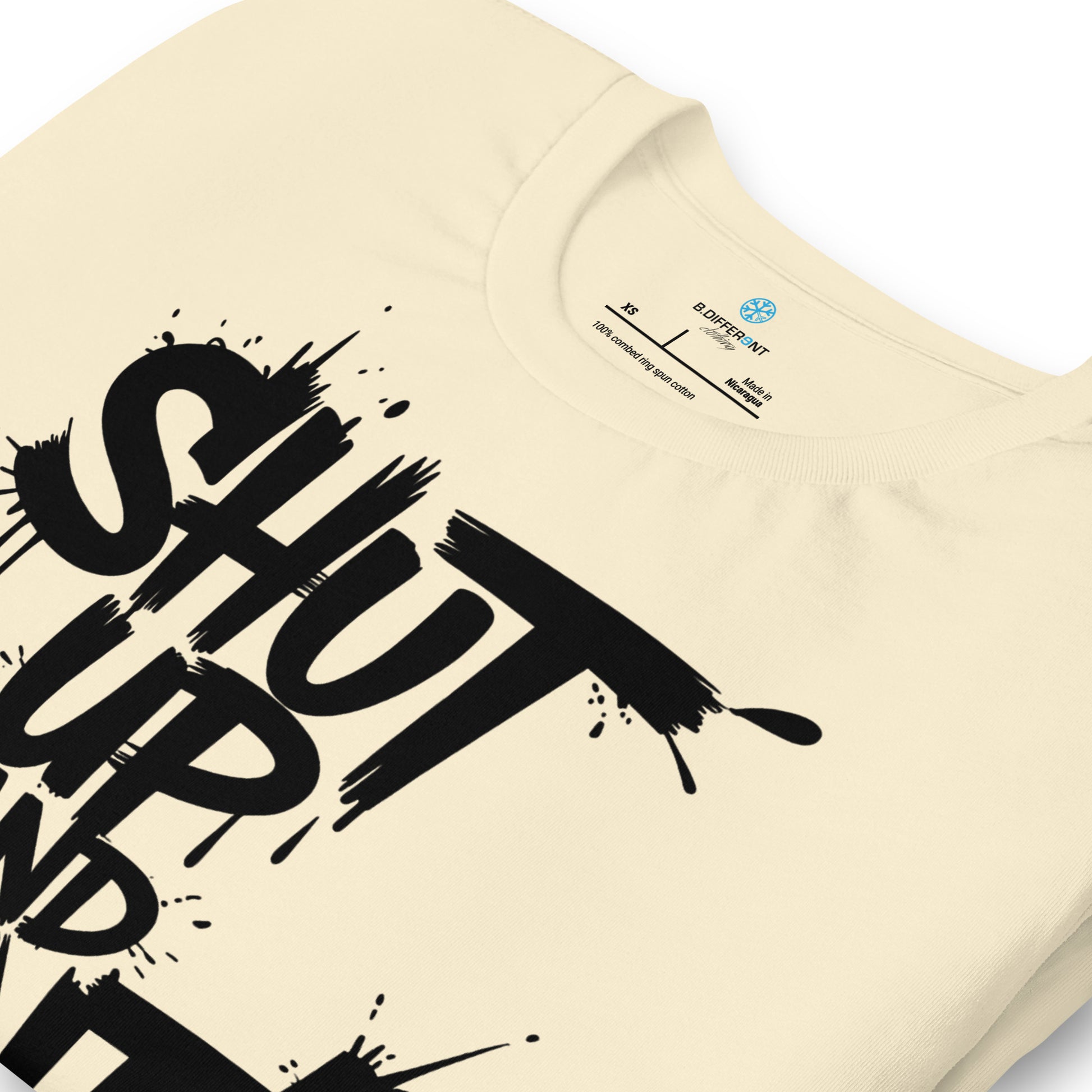 Beige-Shut Up and Paint Graffiti Tee from B.Different Clothing, detail, graffiti-inspired streetwear t-shirt
