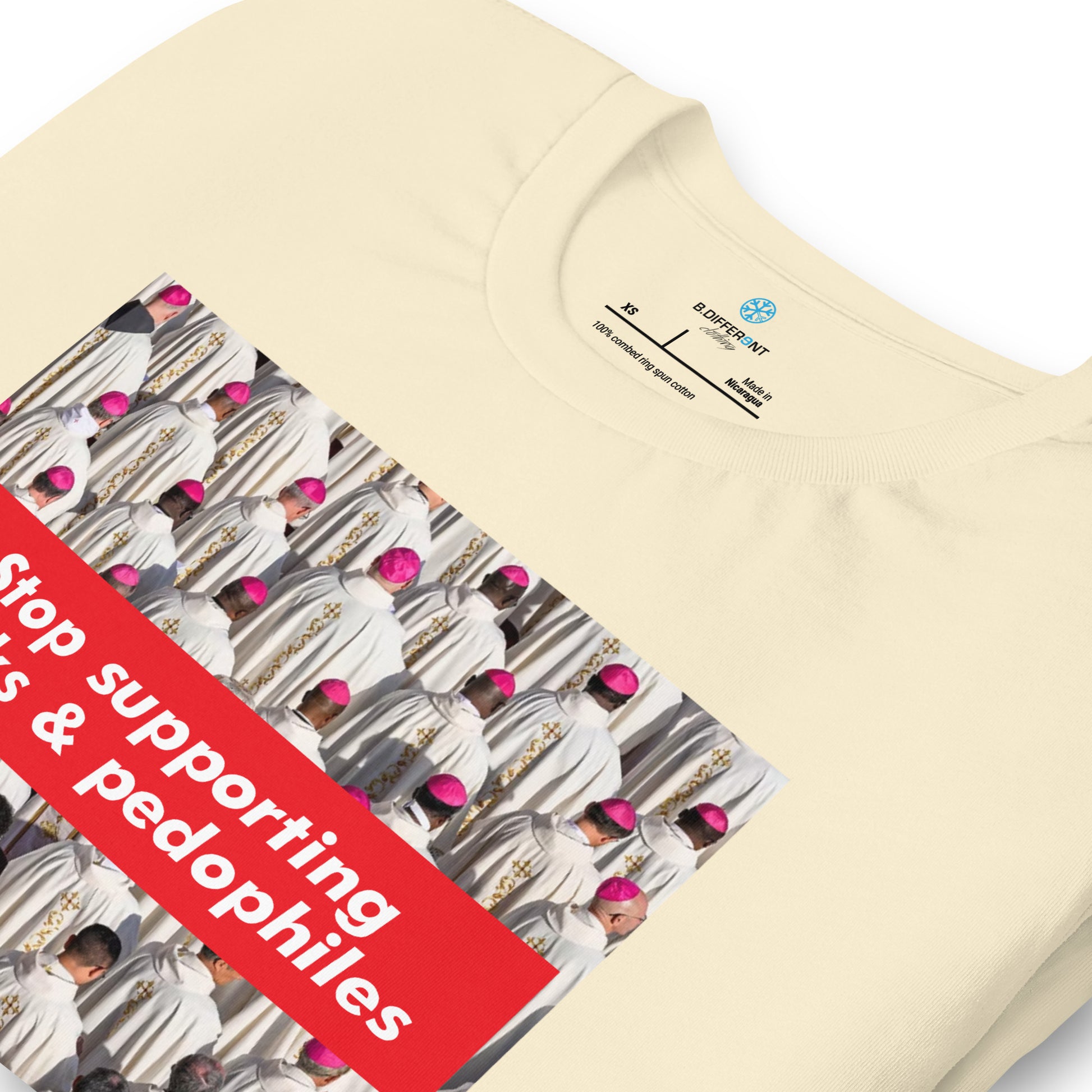 Red-Vatican Crooks Tee from B.Different Clothing, detail, graffiti-inspired streetwear t-shirt