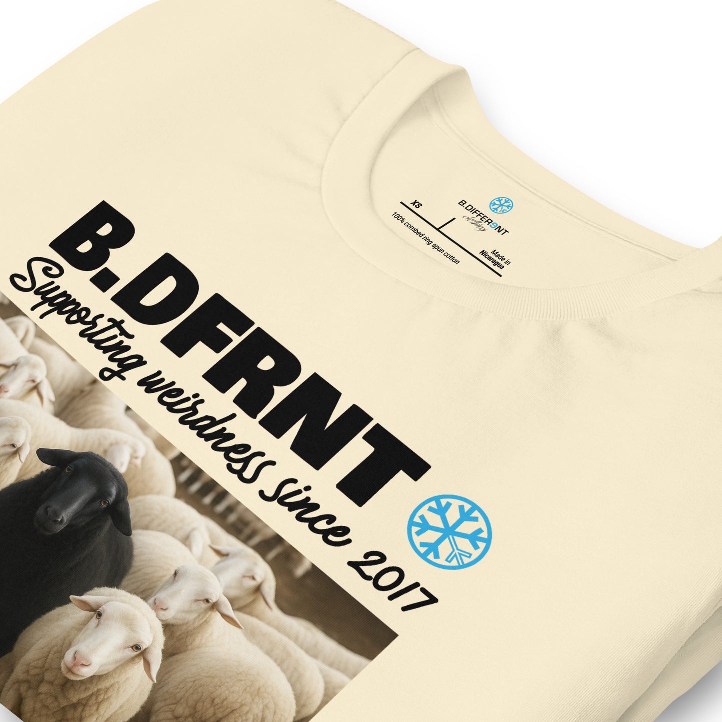 Beige-Black Sheep Tee from B.Different Clothing, detail, graffiti-inspired streetwear t-shirt