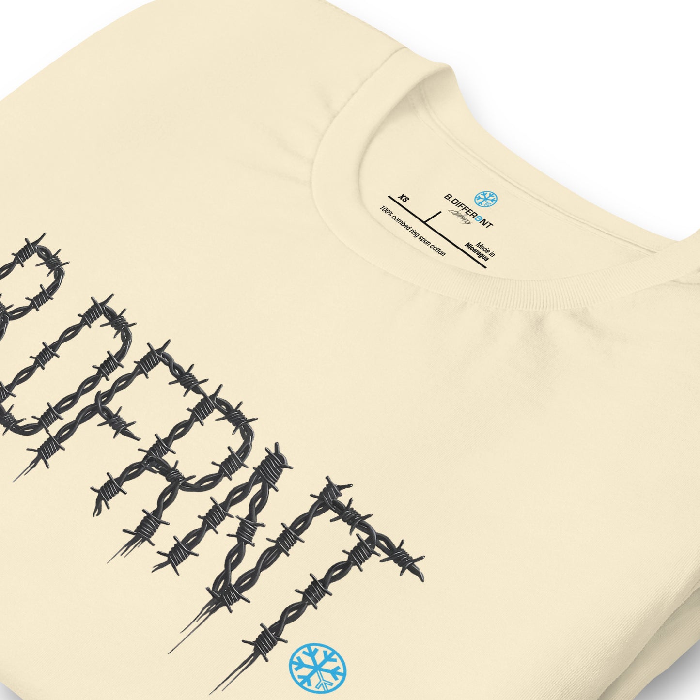Beige-B.DFRNT Barbed Wire Tee from B.Different Clothing, detail, graffiti-inspired streetwear t-shirt