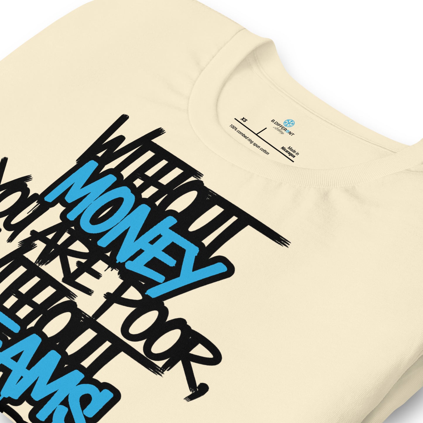 Beige-Without Dreams You Are Nothing Graffiti Tee from B.Different Clothing, detail, graffiti-inspired streetwear t-shirt