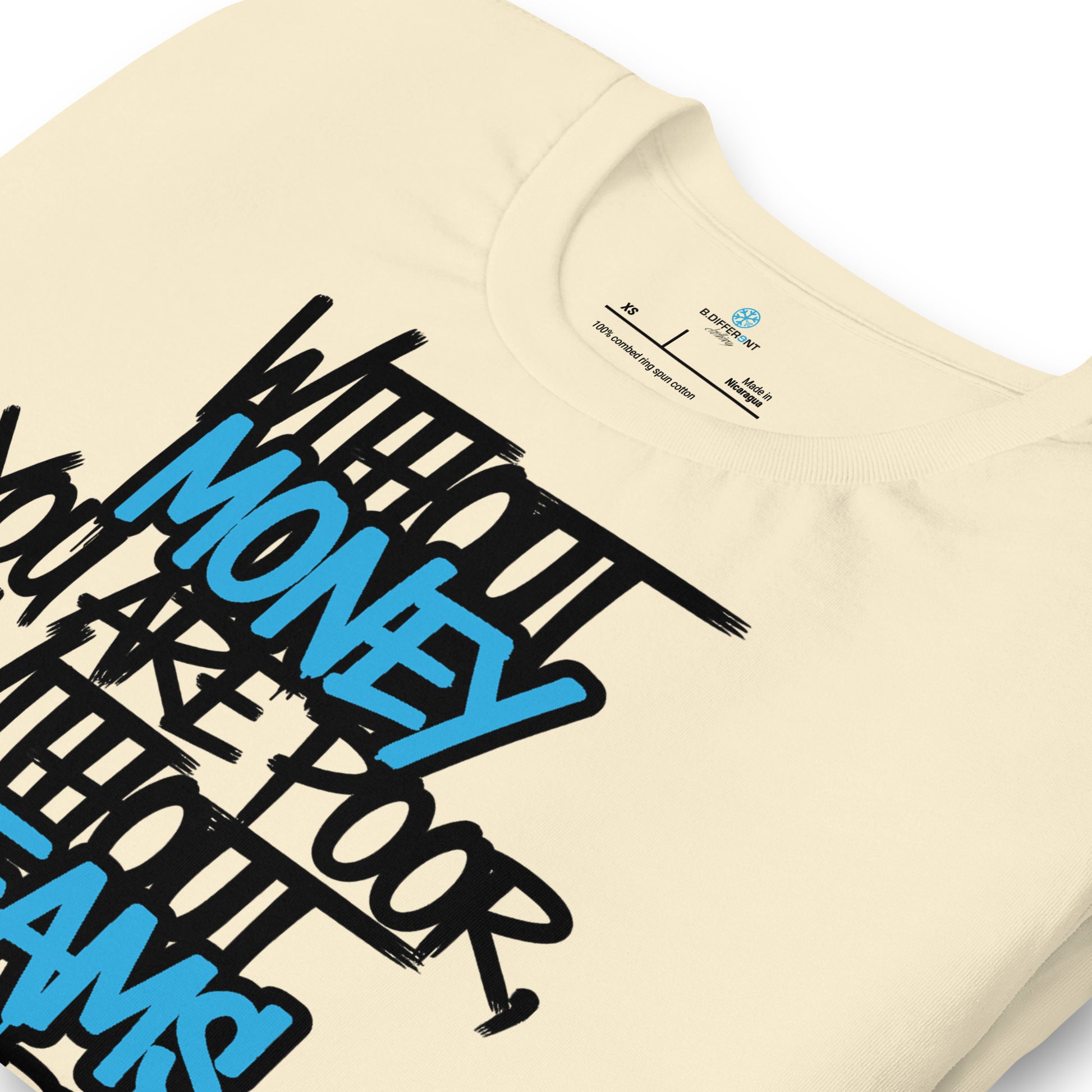 Beige-Without Dreams You Are Nothing Graffiti Tee from B.Different Clothing, detail, graffiti-inspired streetwear t-shirt