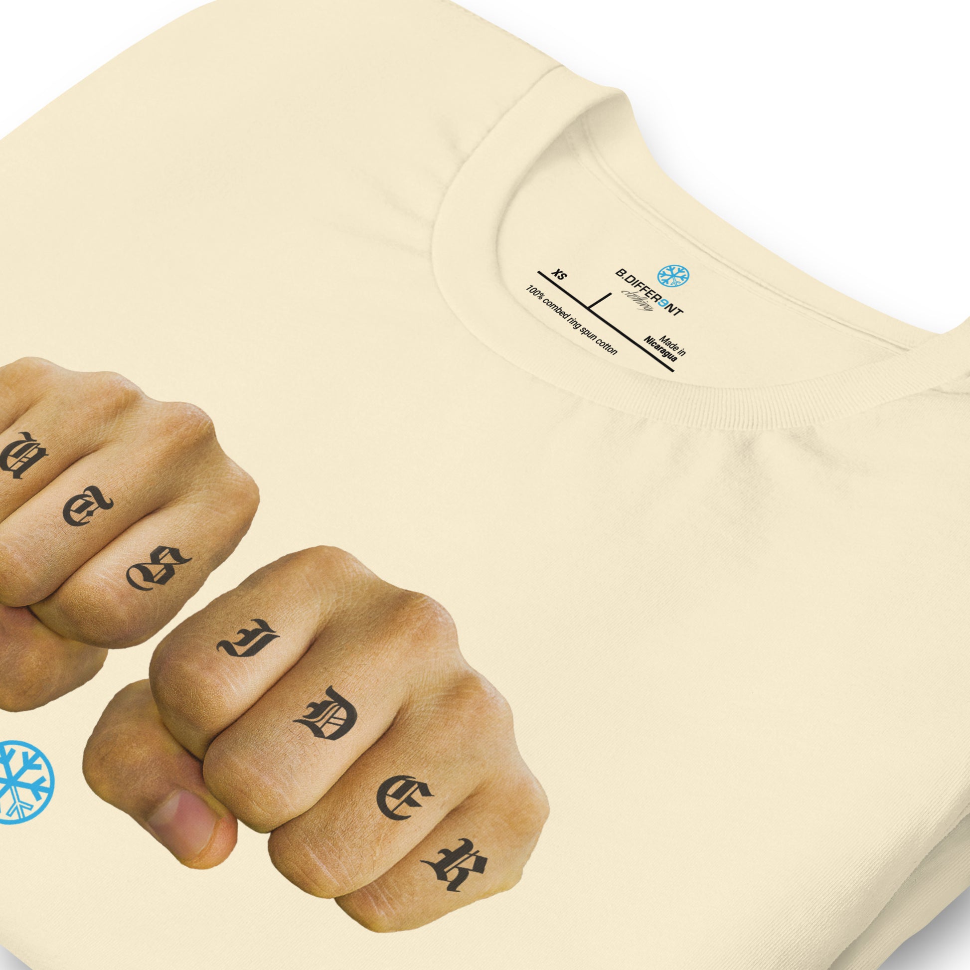 Beige-Outsider Tattoo Tee from B.Different Clothing, detail, graffiti-inspired streetwear t-shirt