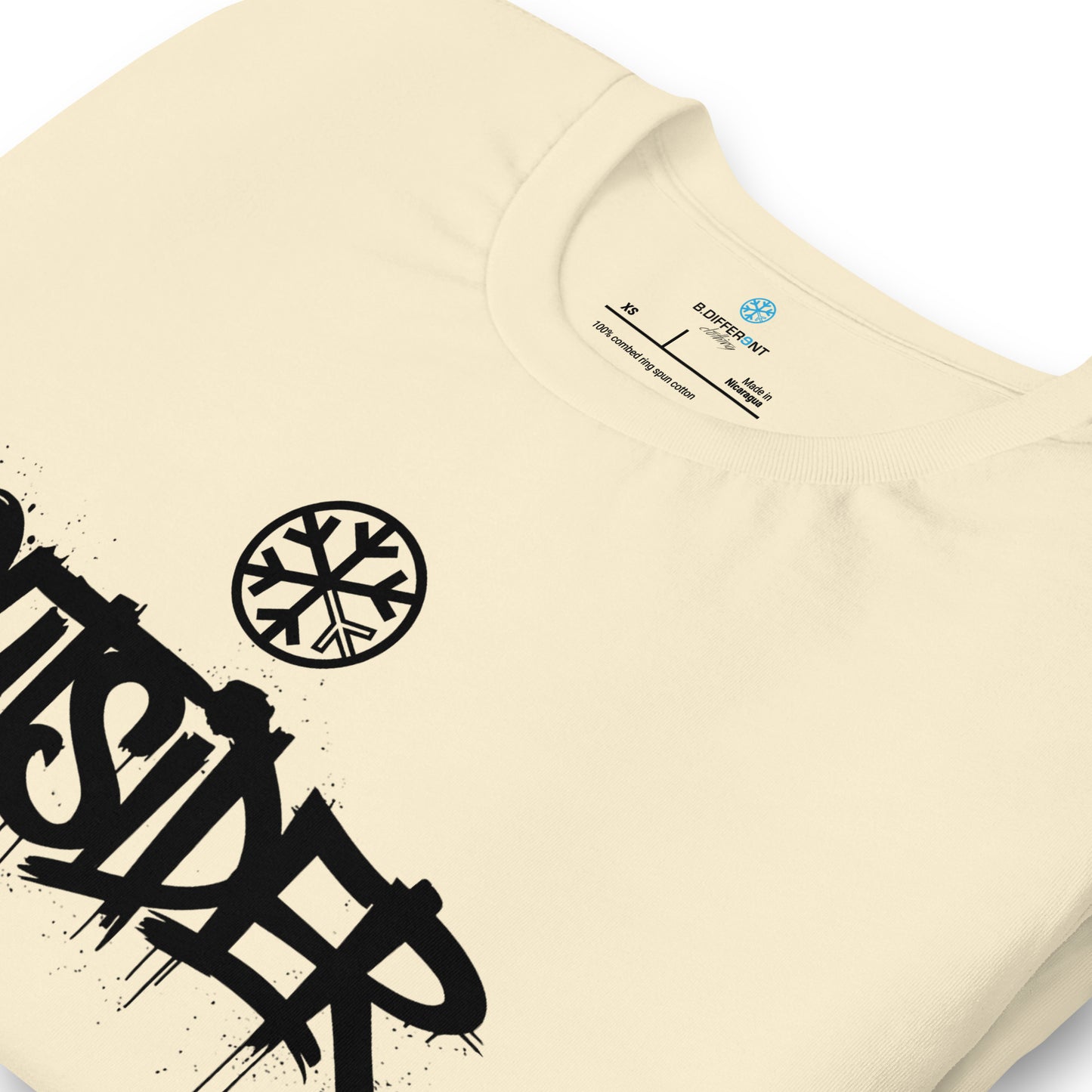 Beige-Outsider Graffiti Tag Tee from B.Different Clothing, detail, graffiti-inspired streetwear t-shirt