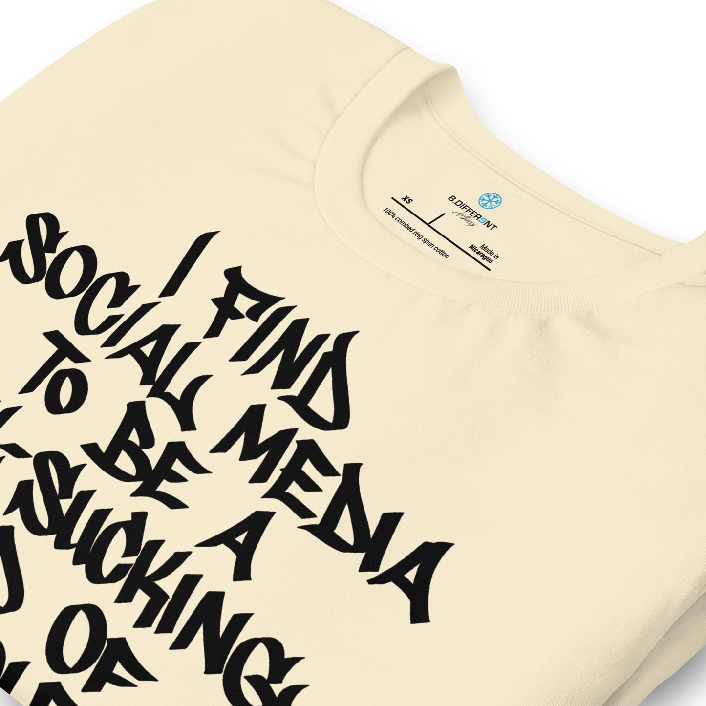 Beige-Social Media Graffiti Tag Tee from B.Different Clothing, detail, graffiti-inspired streetwear t-shirt