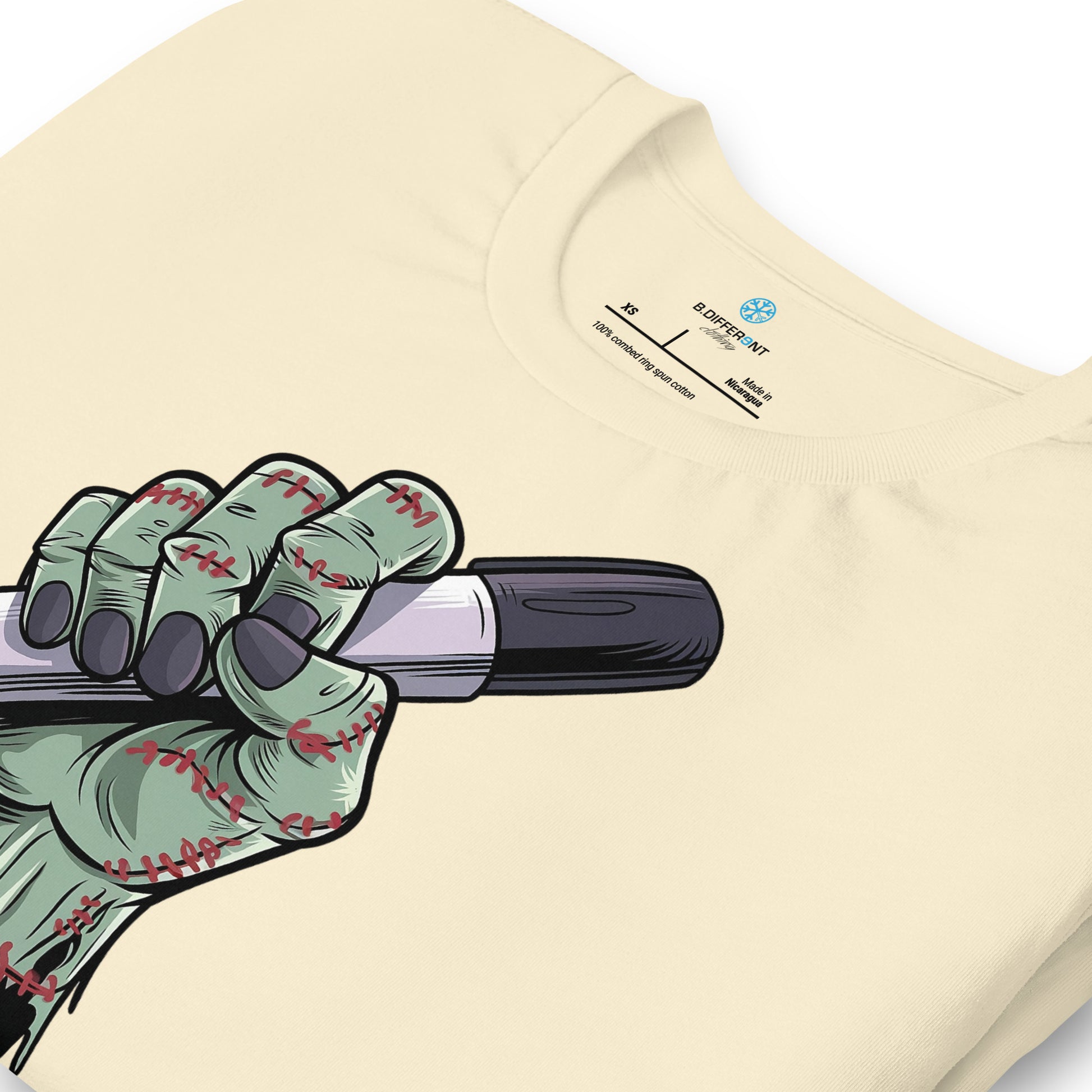 Beige-Thing Graffiti Tee from B.Different Clothing, detail, graffiti-inspired streetwear t-shirt