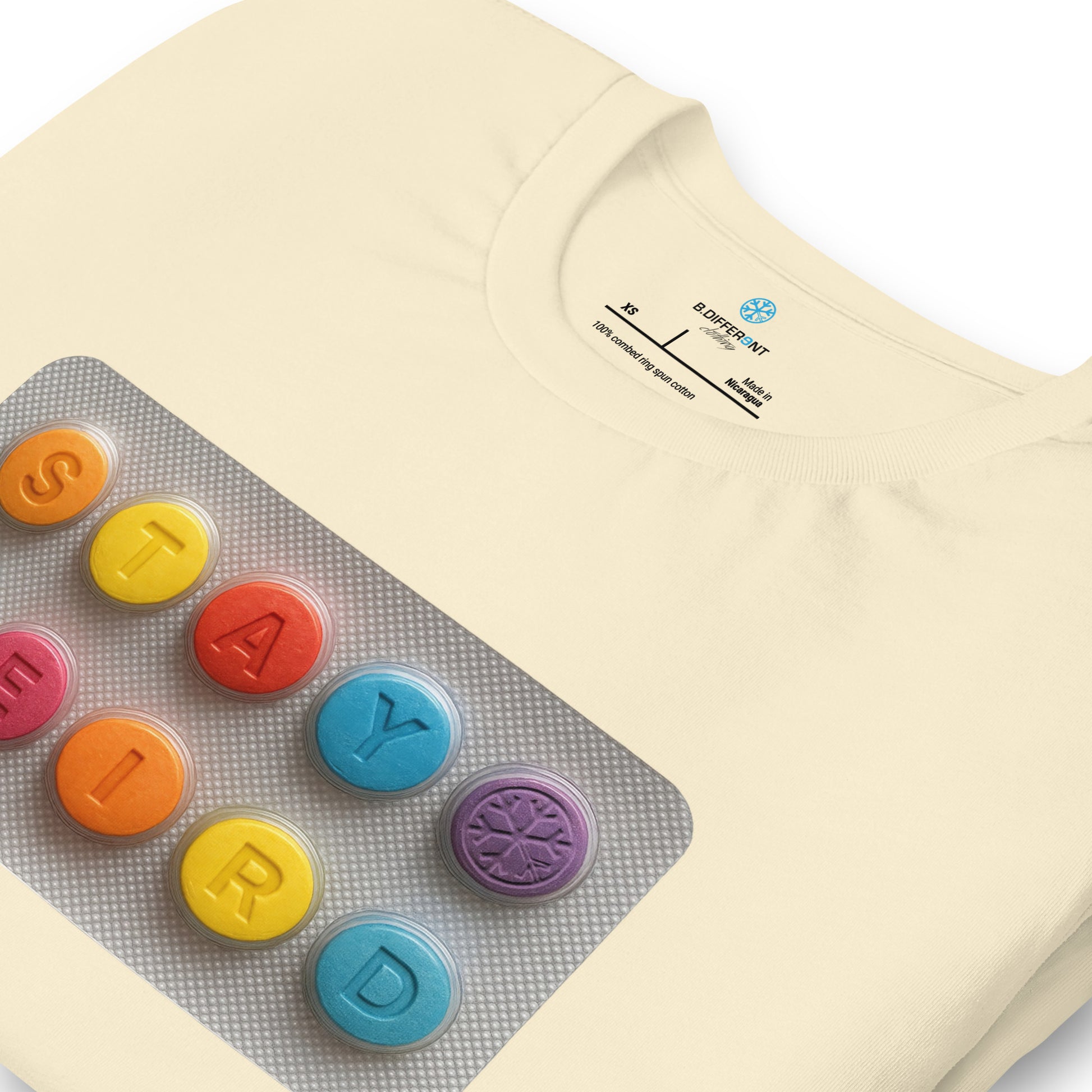 Beige-Stay Weird Pills Tee from B.Different Clothing, detail, graffiti-inspired streetwear t-shirt