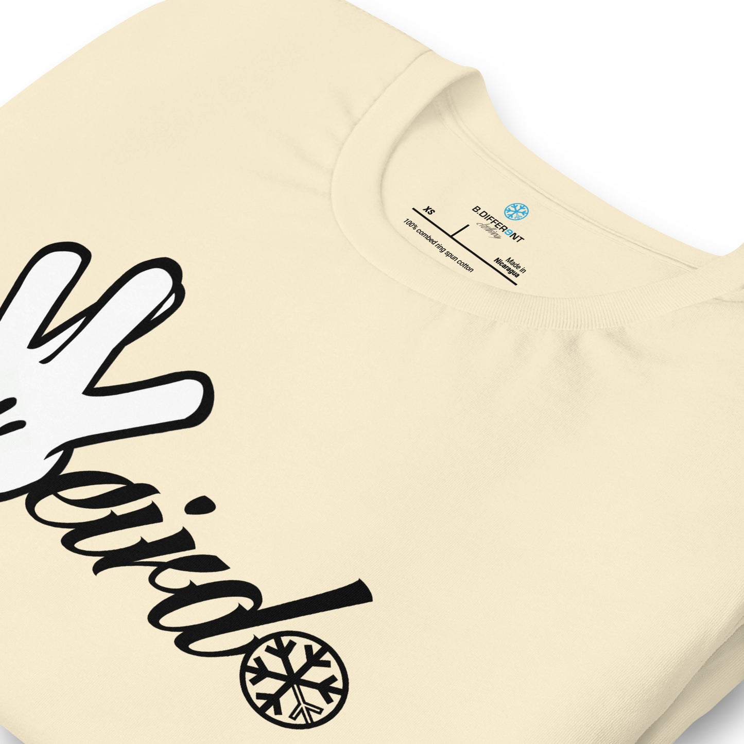Beige-Weirdo Hand Sign Tee from B.Different Clothing, detail, graffiti-inspired streetwear t-shirt