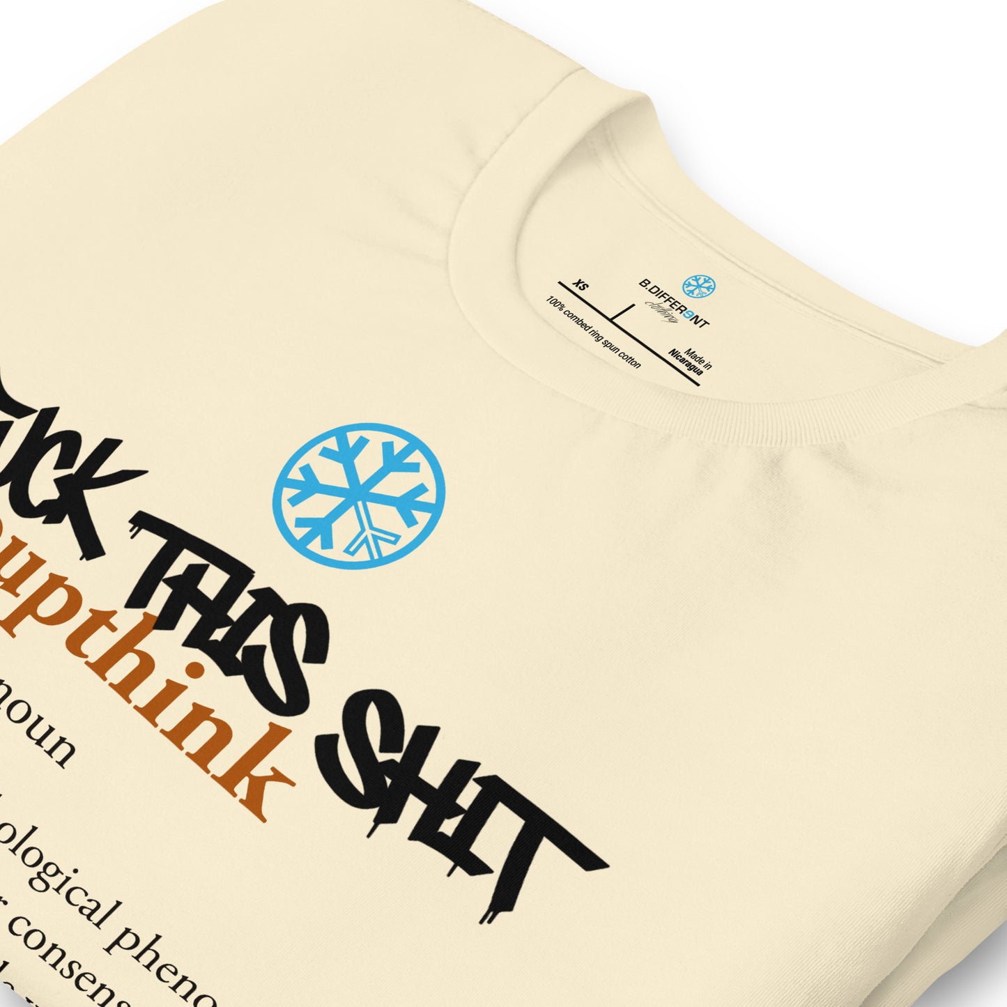 Beige-Groupthink Graffiti Tee from B.Different Clothing, detail, graffiti-inspired streetwear t-shirt