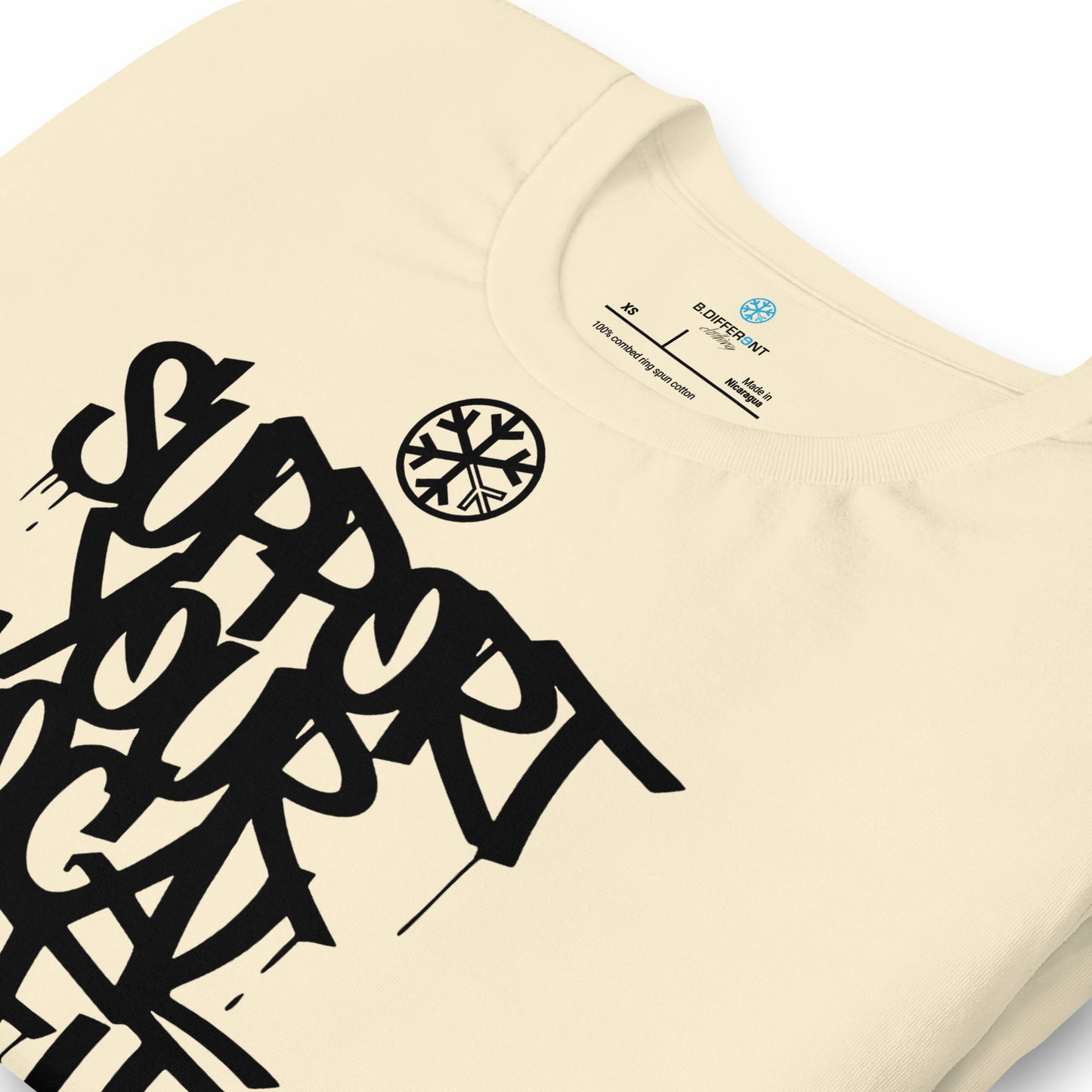 Beige-Support Your Local Graffiti Artists Tee from B.Different Clothing, detail, graffiti-inspired streetwear t-shirt