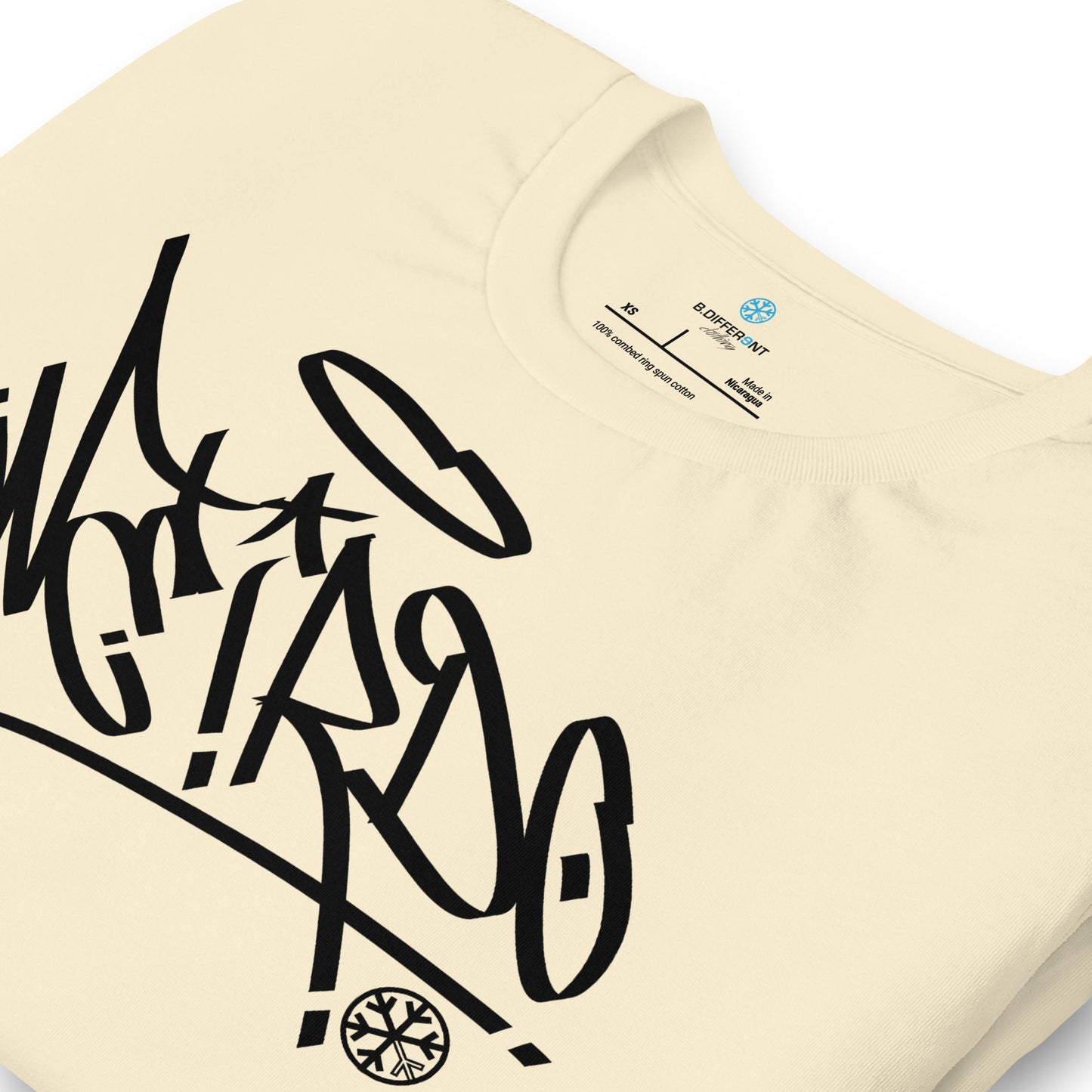 Beige-Weirdo Tag Graffti Tee from B.Different Clothing, detail, graffiti-inspired streetwear t-shirt
