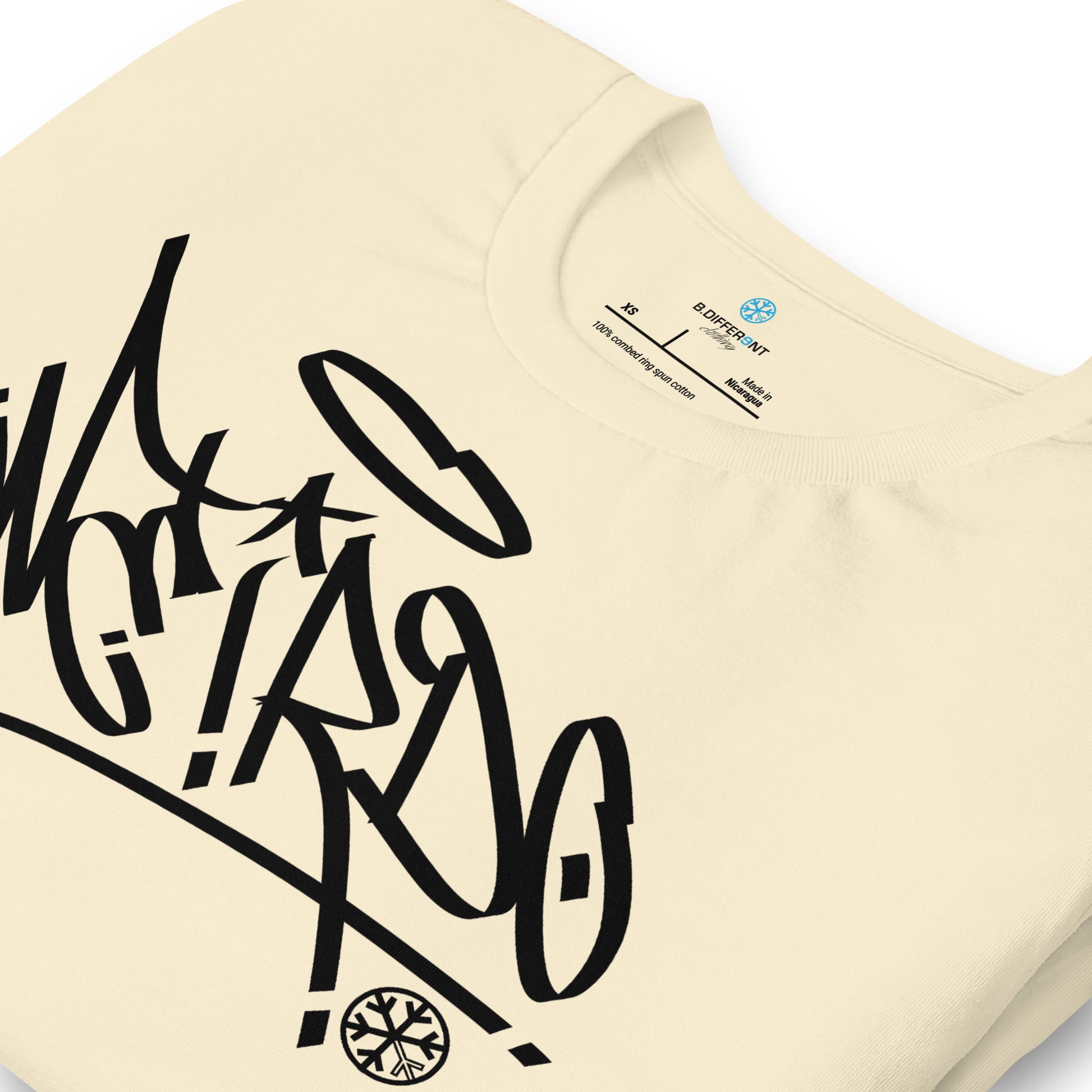 Beige-Weirdo Tag Graffti Tee from B.Different Clothing, detail, graffiti-inspired streetwear t-shirt