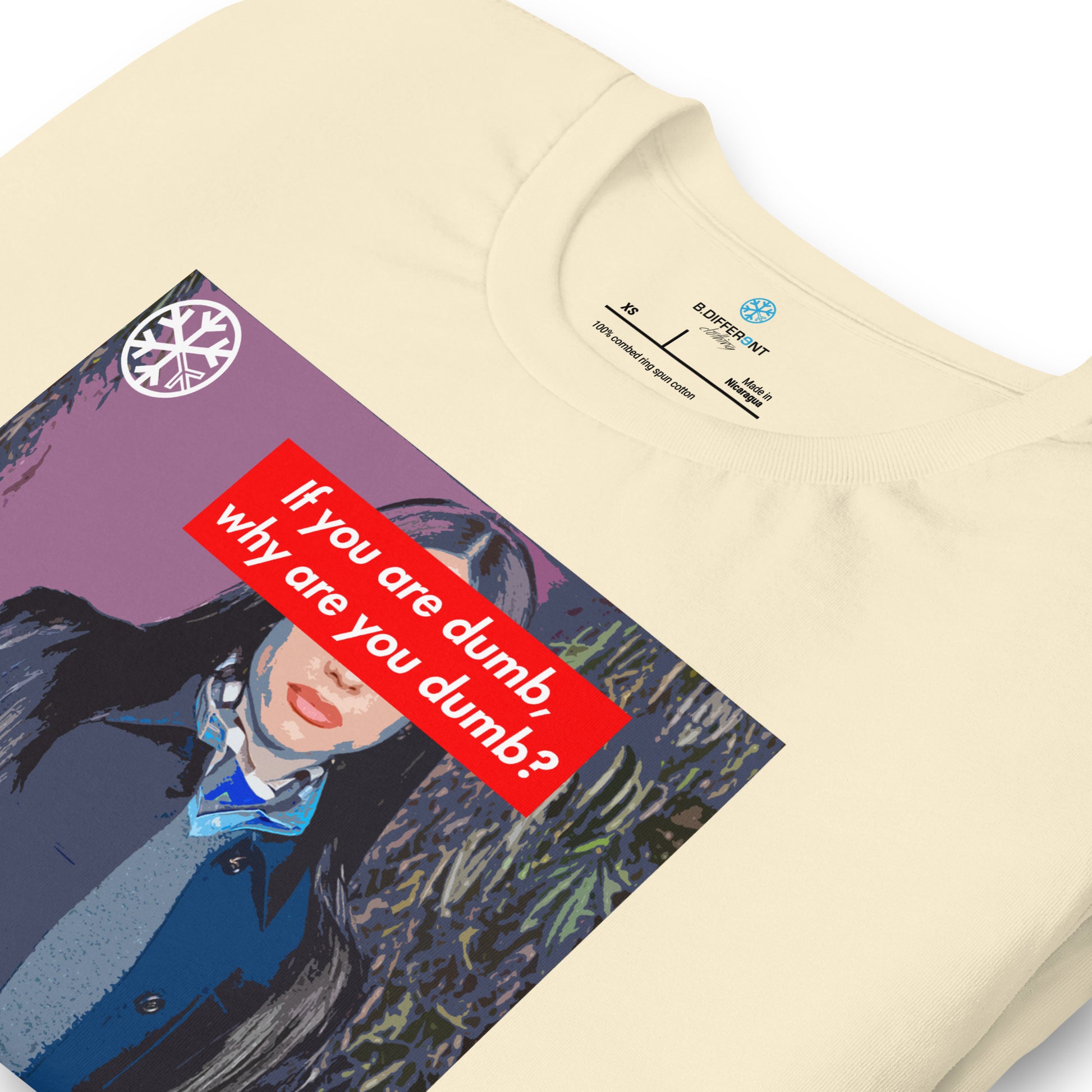 Beige-Why Are You Dumb Tee from B.Different Clothing, detail, graffiti-inspired streetwear t-shirt