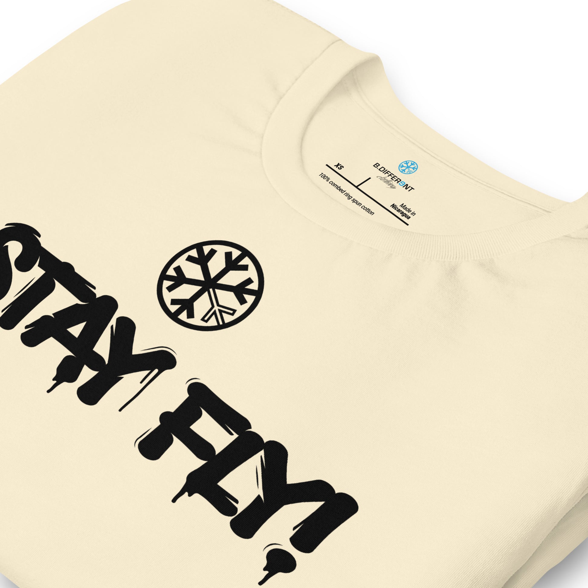 Beige-Stay Fly Graffiti Tag Tee from B.Different Clothing, detail, graffiti-inspired streetwear t-shirt