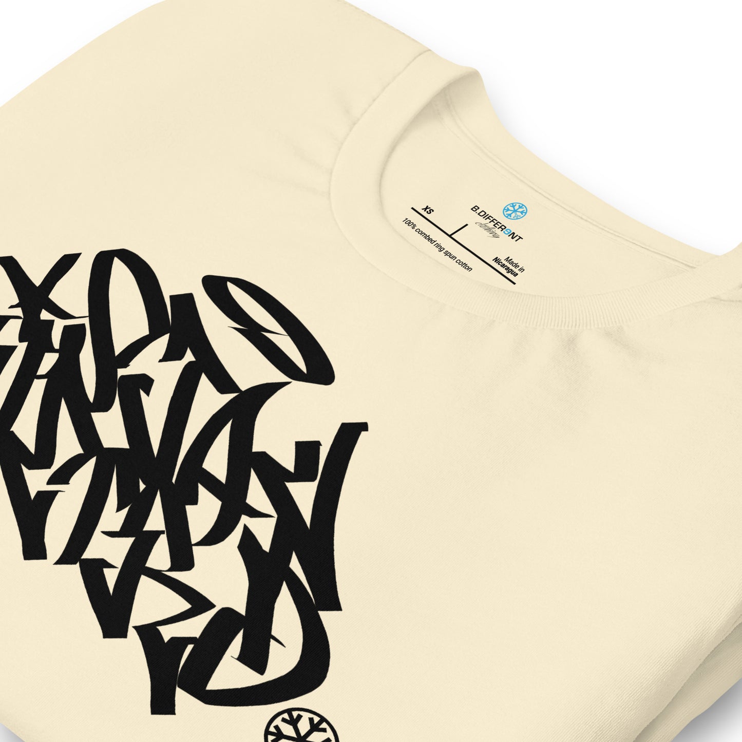 Beige-Stay Weird Graffiti Tag Tee from B.Different Clothing, detail, graffiti-inspired streetwear t-shirt