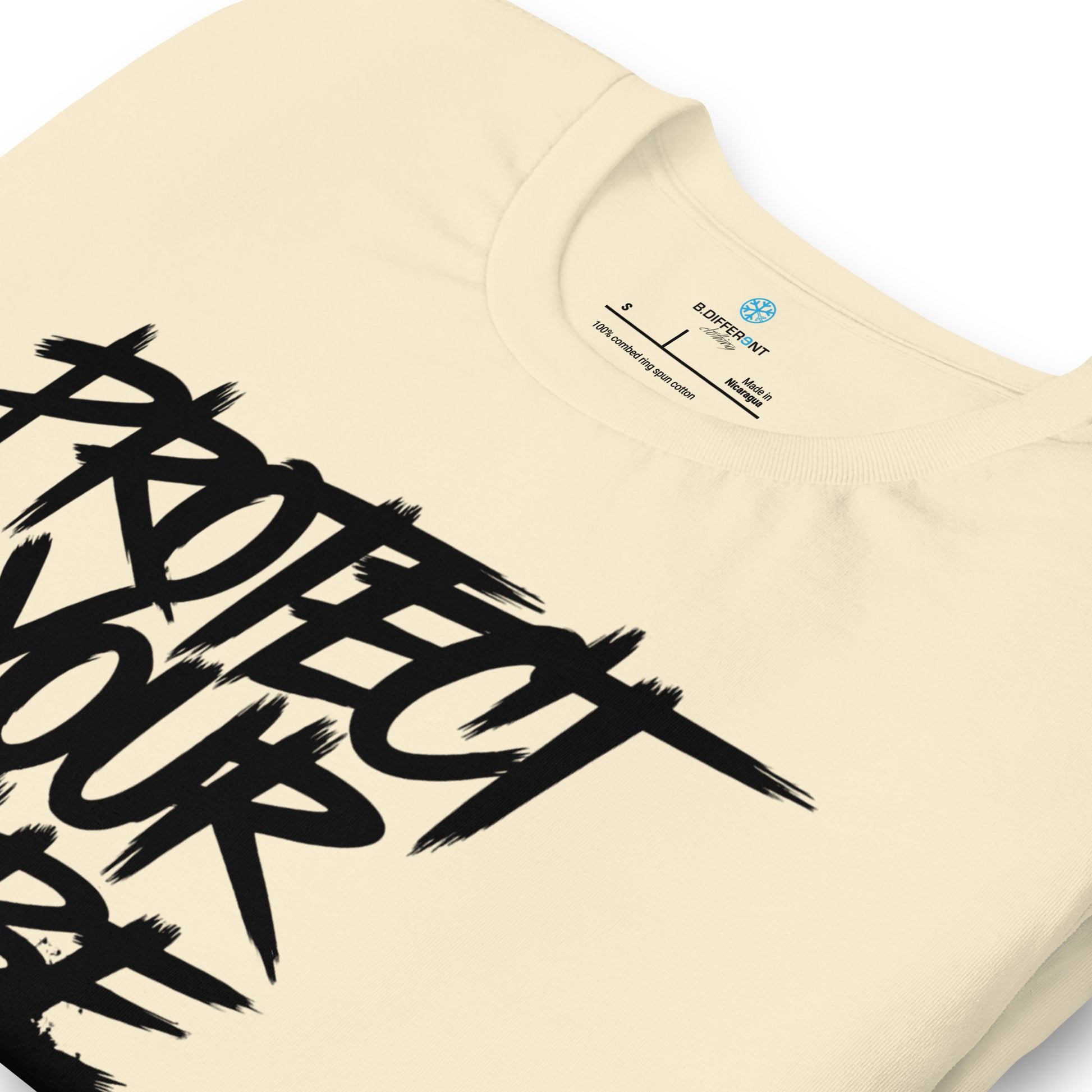 Beige-Protect Your Vibe Graffiti Tag Tee from B.Different Clothing, detail, graffiti-inspired streetwear t-shirt