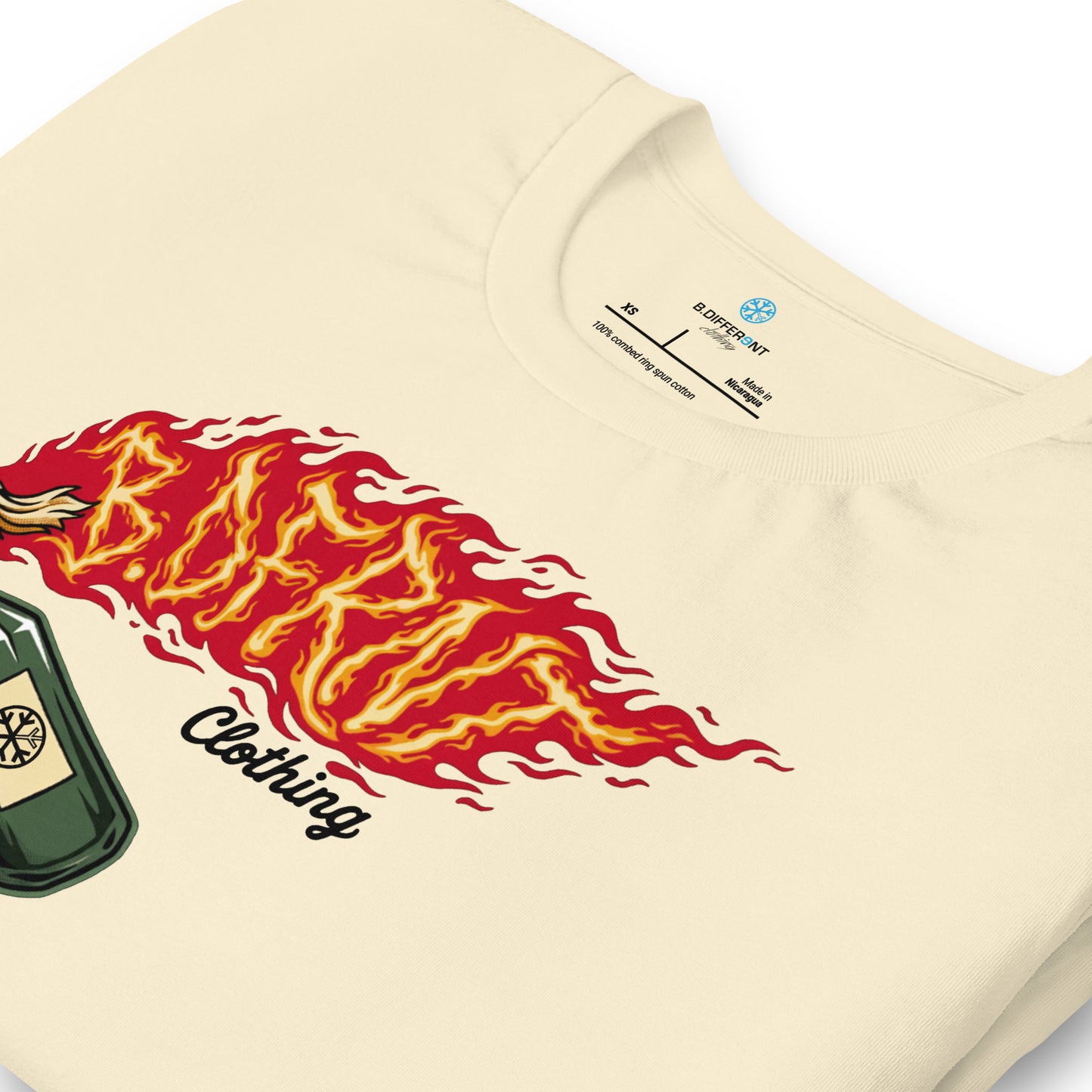 Beige-Molotov Graffiti Tee from B.Different Clothing, detail, graffiti-inspired streetwear t-shirt