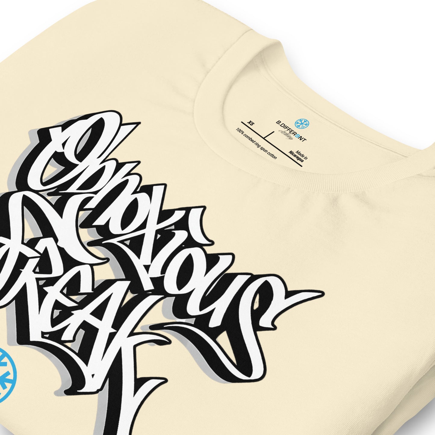 Beige-Obnoxious Freak Graffiti Tee from B.Different Clothing, detail, graffiti-inspired streetwear t-shirt