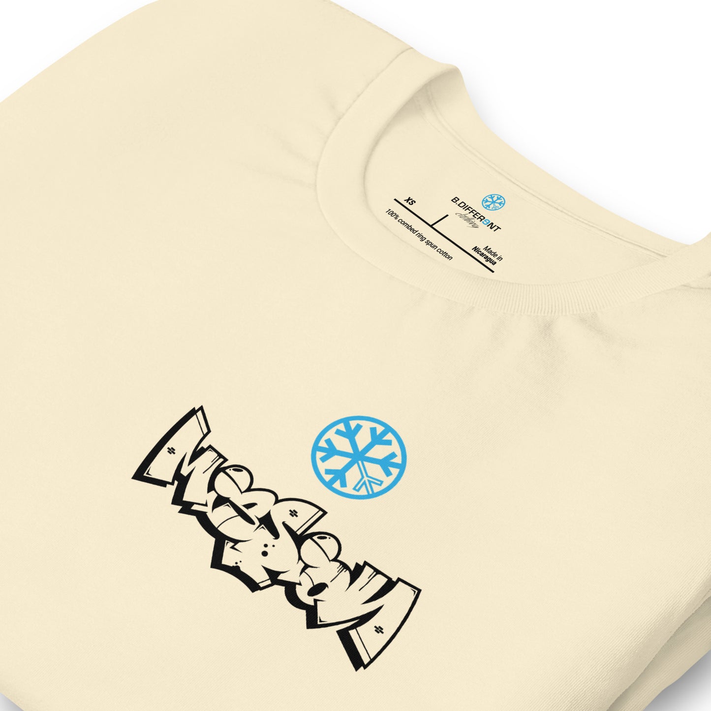 Beige-Mission Graffiti Character Tee from B.Different Clothing, detail, graffiti-inspired streetwear t-shirt