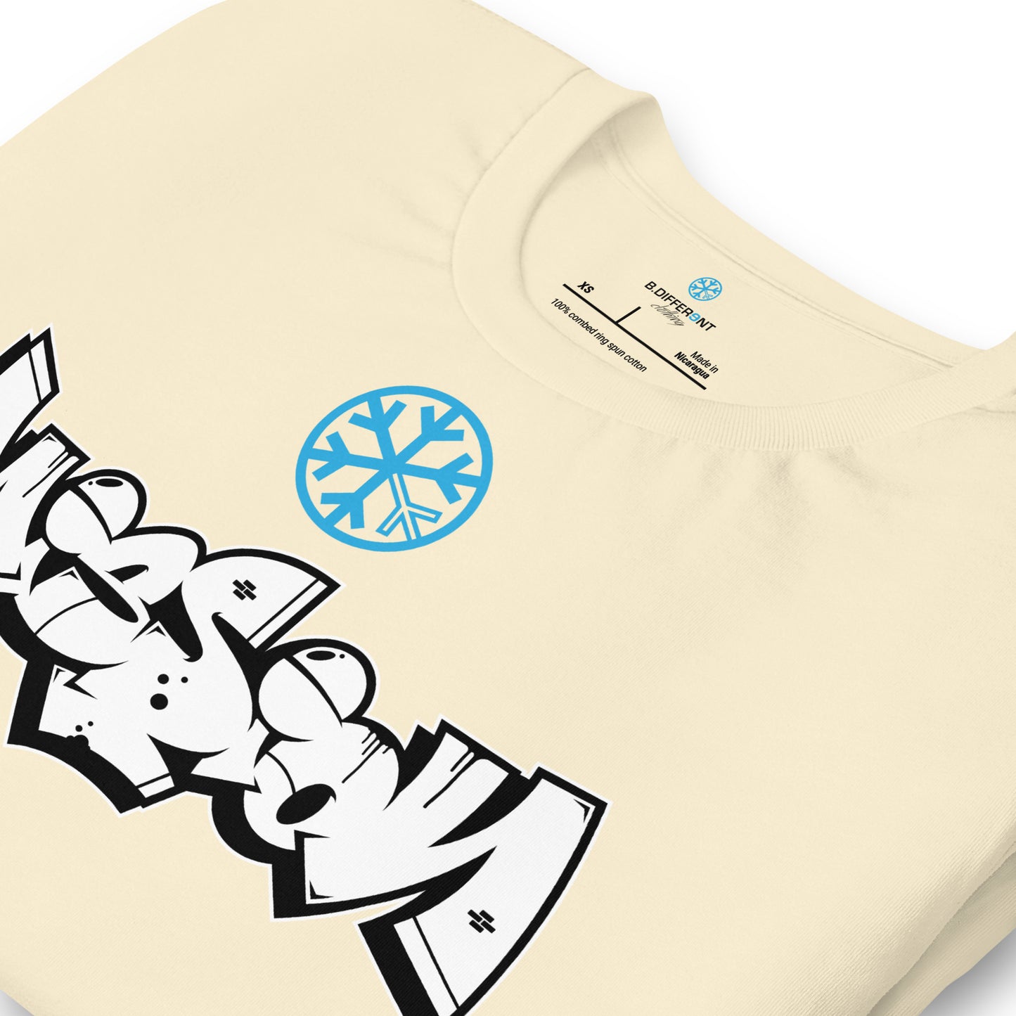 Beige-Mission Graffiti Piece Tee from B.Different Clothing, detail, graffiti-inspired streetwear t-shirt