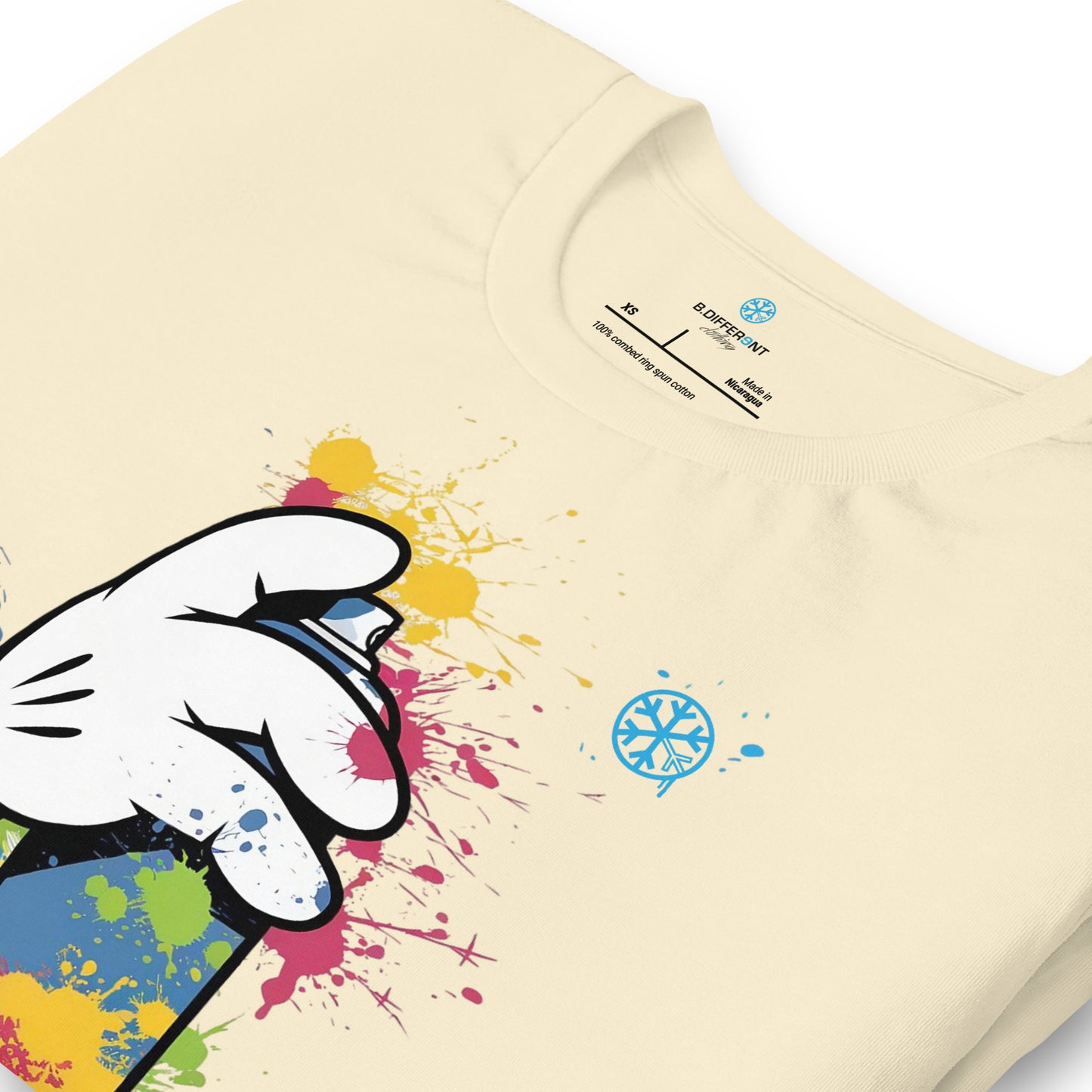 Beige-Hand Spray Can Graffiti Tee from B.Different Clothing, detail, graffiti-inspired streetwear t-shirt